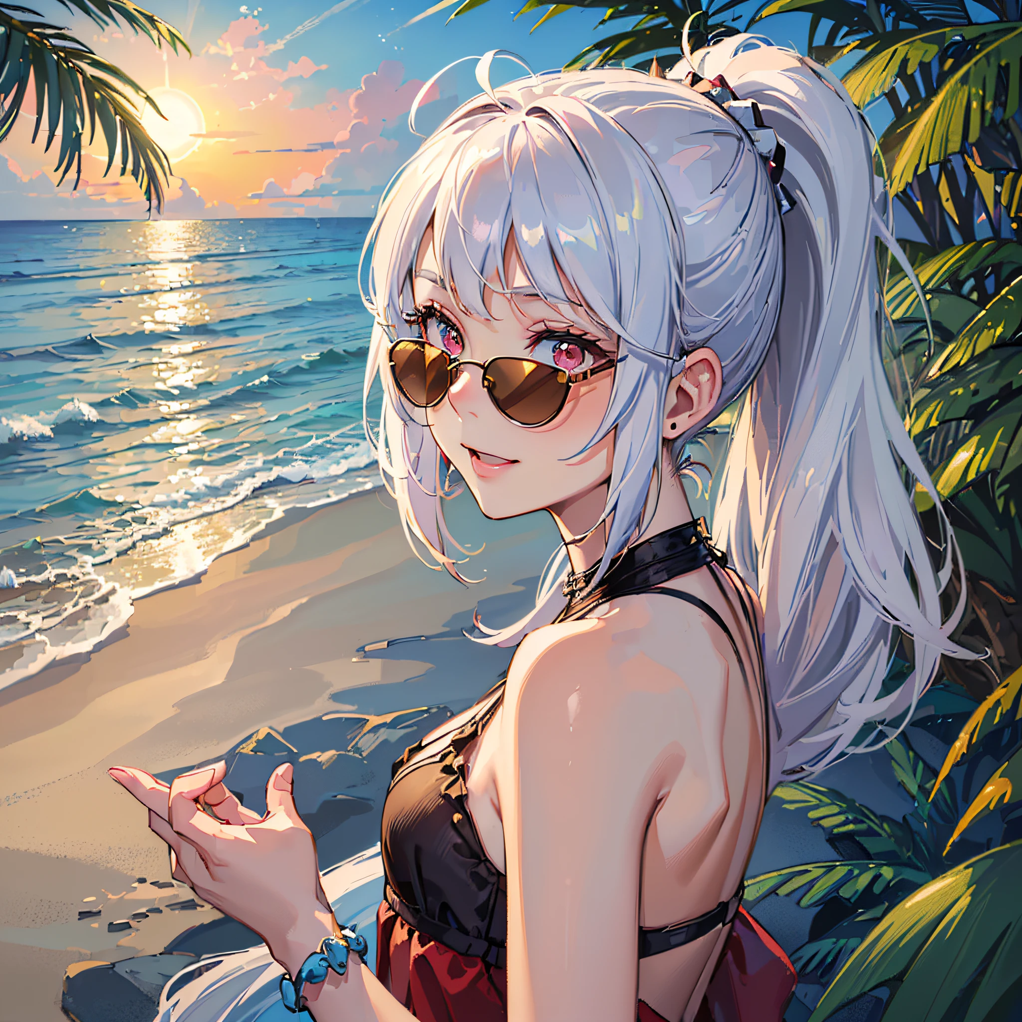 (((Masterpiece))), (((Best Quality)), (((Very Delicate and Beautiful)), (Highly Detailed CG Unity 8K Wallpaper: 1.3), Very Delicate Light, (Backlit)
/=, (1 ****: 1.3), Solo, (Petite), (Small), Neon Pink Sunglasses, Swimsuit, White Hair, Red Eyes, Earrings, (Ponytail), (Ahoge), (Cute Face: 1.114), (Fine Eyes: 1.15), (Cute Face: 1.114)
, (beautiful fine eyes and beautiful face: 1.15),
The girl is smiling and looks happy in a beautiful tropical landscape. Behind her, the sun is setting, casting a warm glow on the scene, creating a dreamy atmosphere. In the distance, palm trees sway in the breeze, creating a leisurely retro atmosphere, such as sand, sun, beach, sea, horizon, etc.

Highly detailed ray tracing