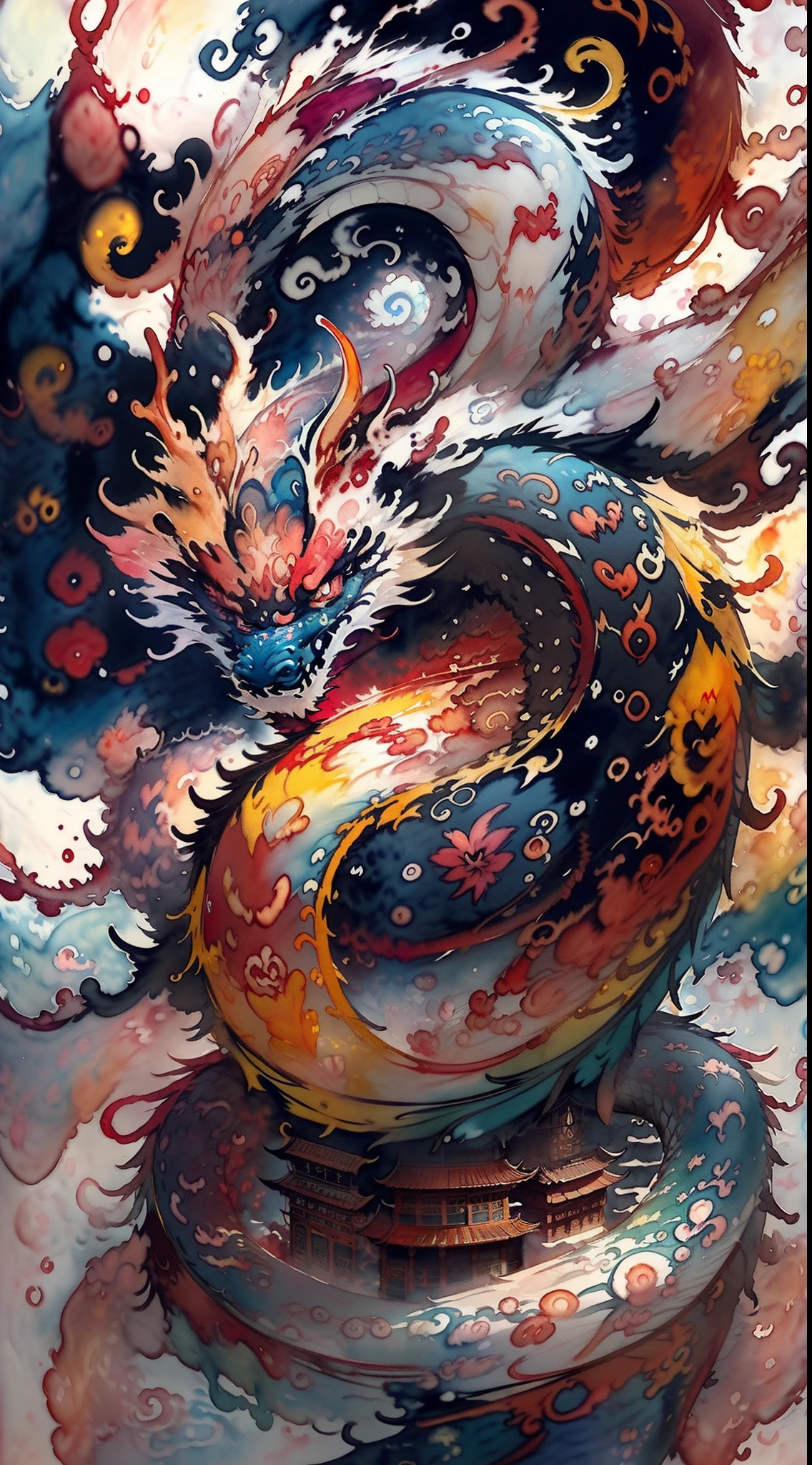 A highly intricate, traditional Chinese dragon, curled around a Chinese pagoda, intricately detailed scales, vibrant gold colors, ruby eye, with storm clouds behind, (Watercolor style:1.5), (Brush strokes with Asian aesthetic:1.2), calligraphy styled border, based upon the works of traditional Chinese artists such as Qi Baishi.