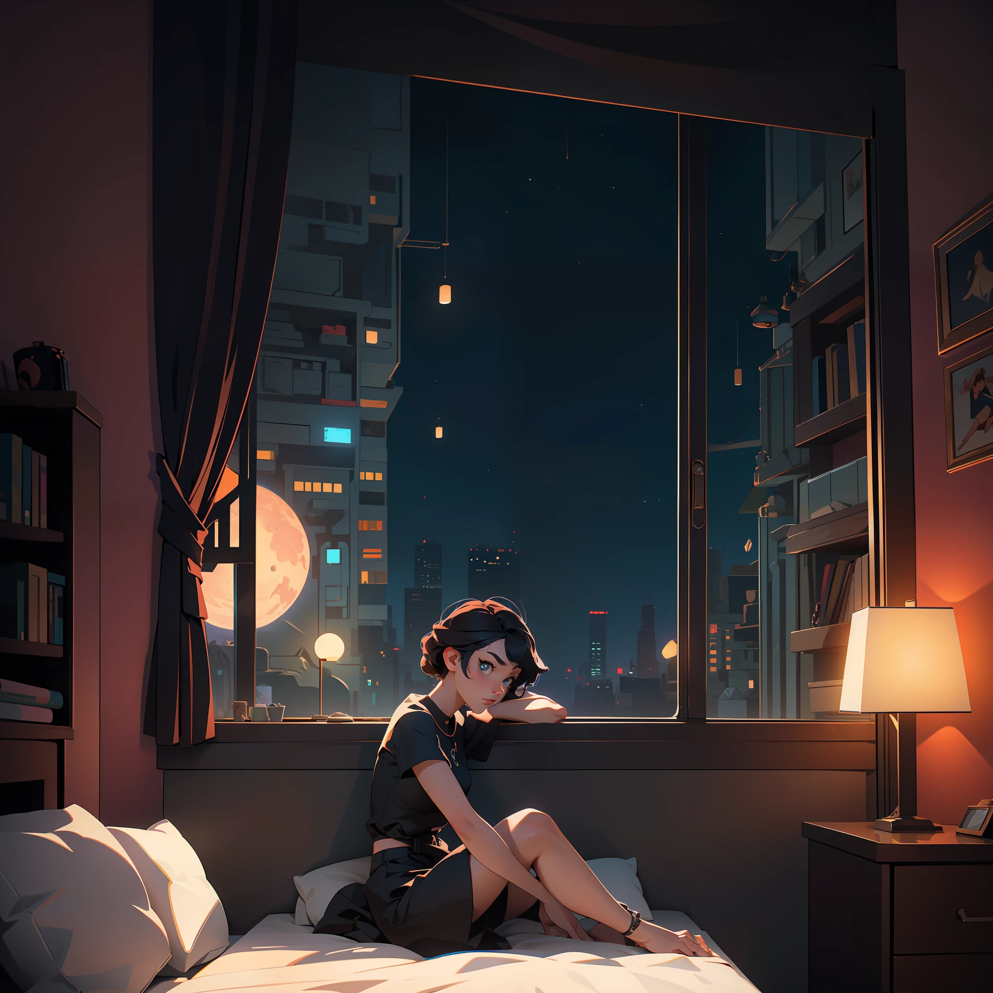 game engine rendering, super high quality rendering, clear lines, geometry, masterpiece, best quality, official art, extremely detailed CGunity 8K wallpaper, RAWE very detailed, illustration, unreal engine, art station, unreal 5, daz, surrealism, octane rendering, high quality shadows, games, (Game Concept Art Design: 1.1), (Cartoon Hand Drawn Style: 1.2), (Color: 0.6), Night, Moonlight, Platform, (Night: 1.3), (Indoor: 1.3), Apartment Bedroom, Sofa, (Large Window), French Window, Night View Outside the Window, (Girl in Bed), Table, Doll, C4D, Perspective, High Resolution, Masterpiece