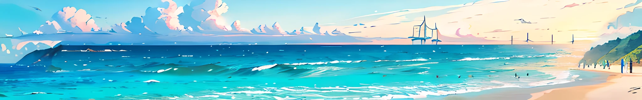 (beach, mountains), cool colors, white clouds, blue sea and sky, far away, details on the beach and mountains, as if in a paradise.