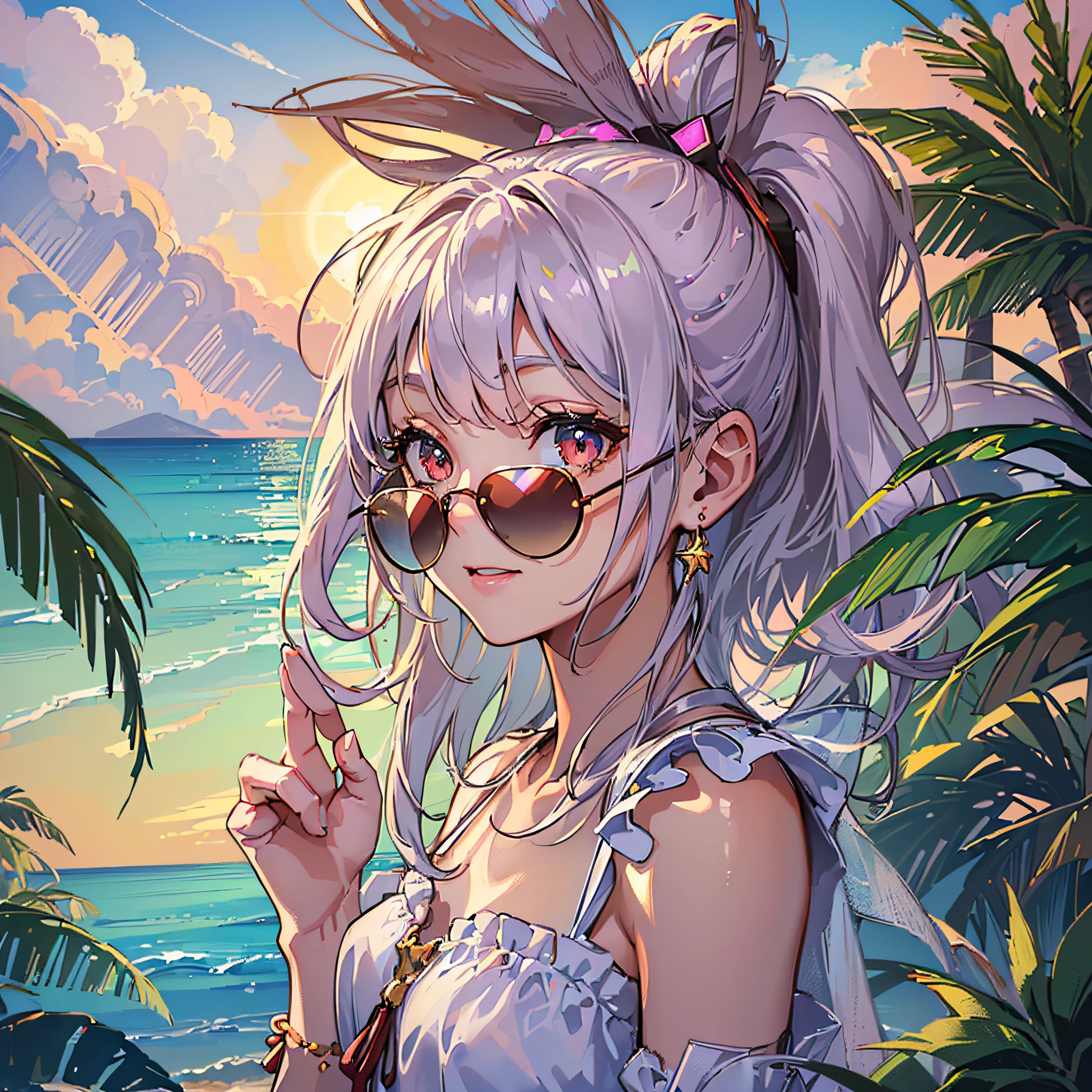 (((Masterpiece))), (((Best Quality)), (((Very Delicate and Beautiful)), (Highly Detailed CG Unity 8K Wallpaper: 1.3), Very Delicate Light, (Backlit)
/=, (1 Loli: 1.3), Solo, (Petite), (Small), Neon Pink Sunglasses, Swimsuit, White Hair, Red Eyes, Earrings, (Ponytail), (Ahoge), (Cute Face: 1.114), (Fine Eyes: 1.15), (Cute Face: 1.114)
, (beautiful fine eyes and beautiful face: 1.15),
The girl is smiling and looks happy in a beautiful tropical landscape. Behind her, the sun is setting, casting a warm glow on the scene, creating a dreamy atmosphere. In the distance, palm trees sway in the breeze, creating a leisurely retro atmosphere, such as sand, sun, beach, sea, horizon, etc.
Highly detailed ray tracing