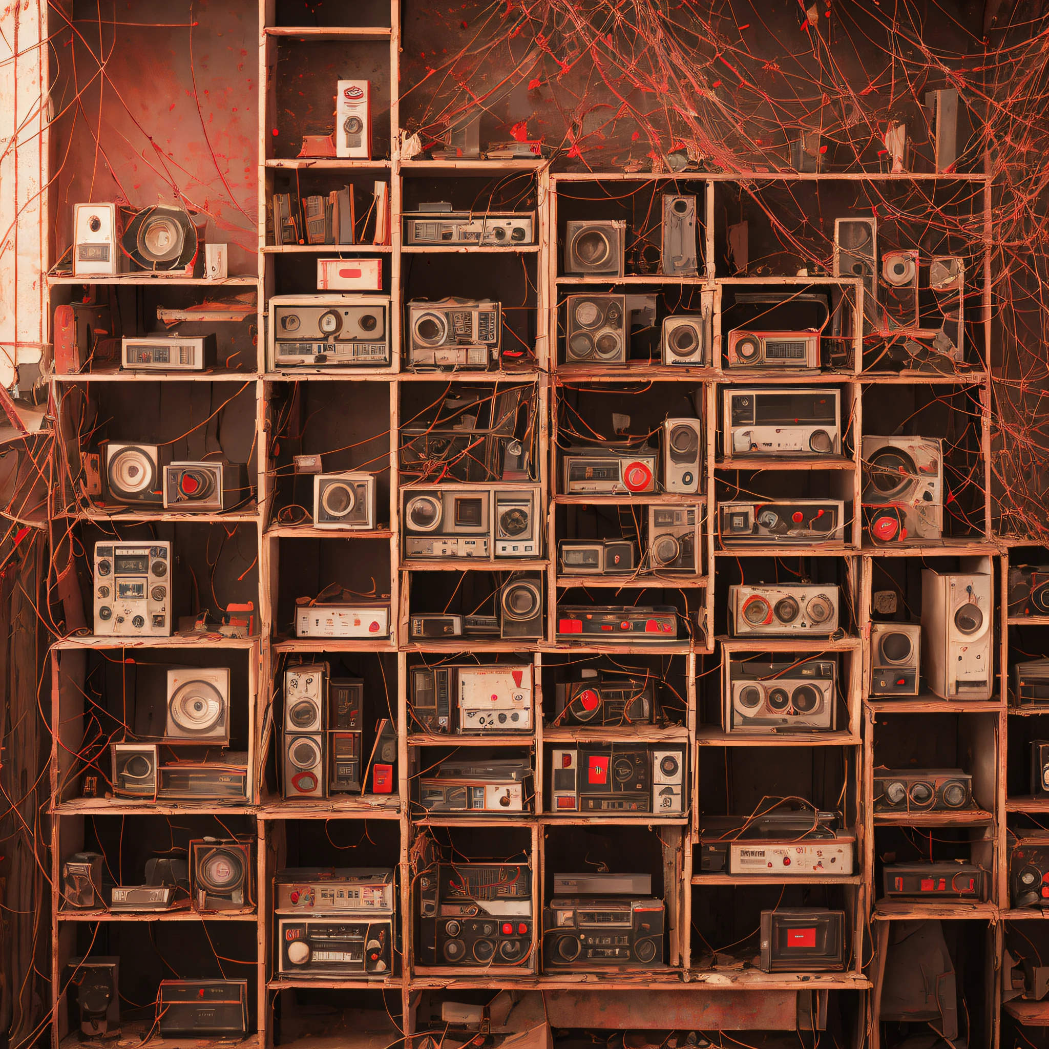 front view, centered, a sexy red tape recorder, a dusty, cluttered and decayed wall frame, rotten wood shelves, a sexy red tape recorder, electronic music, front view, rotted cable, cobwebs, particles flying, Caravaggio light, volumetric lighting, rusty and rotted color scheme, straight view, front view --auto --s2