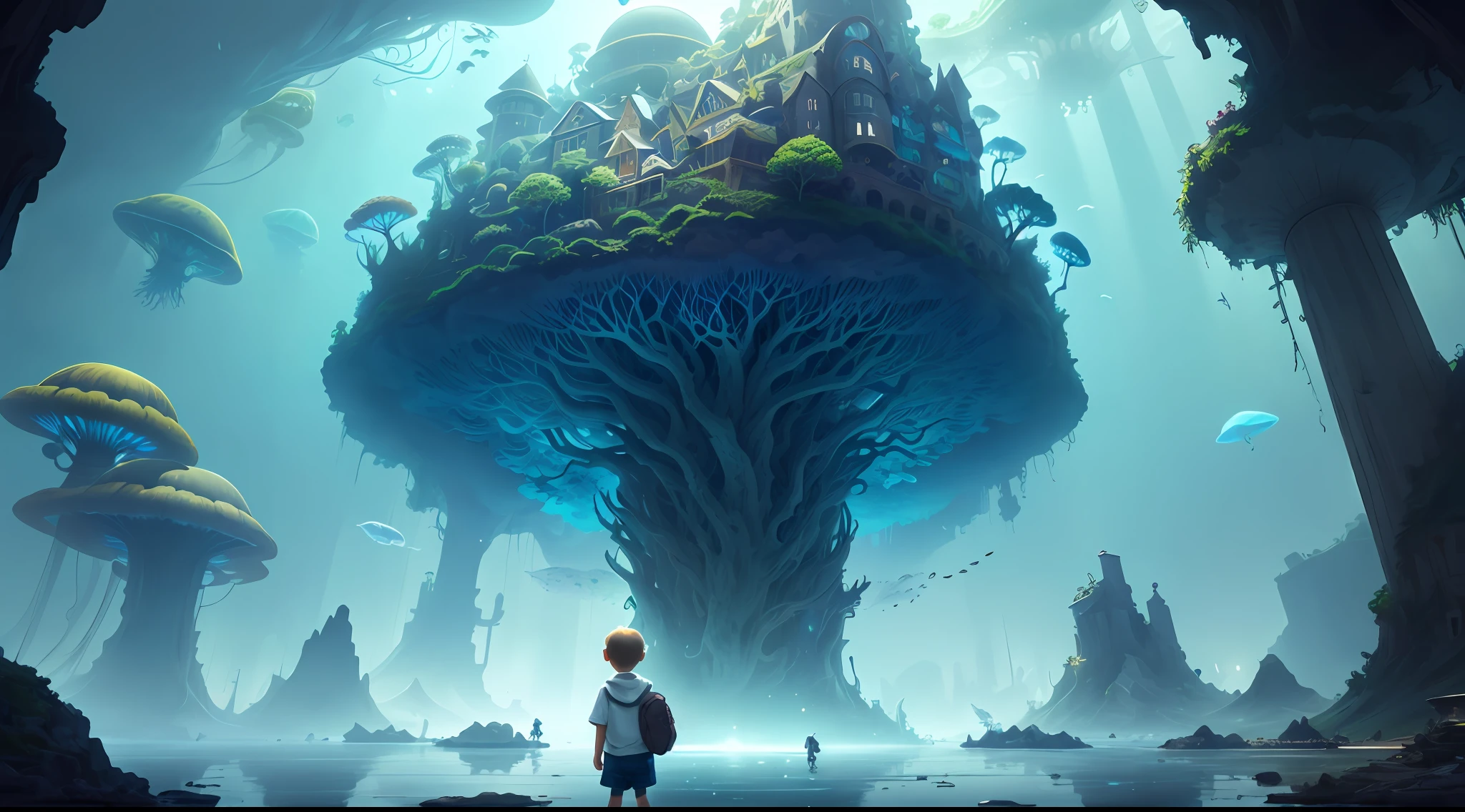 a , the boy wears shorts, a white hoodie and a brown school bag is talking with a squirrel. Masterpiece, High Quality, Ocean Forest, City, Fantastic Fantasy, Glowing Plants, Coral Viaduct, (Swarm of Glowing Jellyfish), (Shoal of Fish with Transparent Wings Flying in the Sky), Misty, Extreme Detail, Morning Light, Epic Composition, (Intricate Detail), (Intricate Design, Ultra Detail: 1.2), Art Station, (Masterpiece, Best Quality), Ultra HD, 32k ,castle,relic ,(Underworld),Underground --v 6