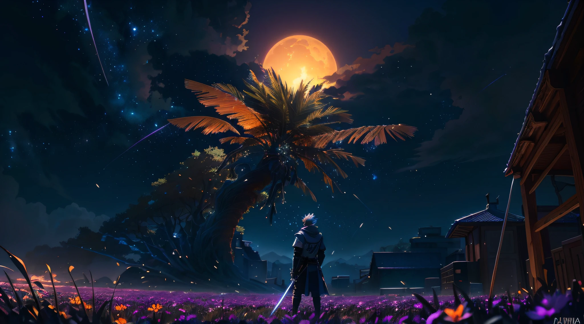 anime - style scene of a man holding a sword and standing in a field with a palm tree, anime art wallpaper 8 k, anime art wallpaper 4 k, anime art wallpaper 4k, 4k highly detailed digital art, 4k anime wallpaper, 4k detailed digital art, 8k hd wallpaper digital art, epic fantasy digital art style, anime wallpaper 4k, anime wallpaper 4 k