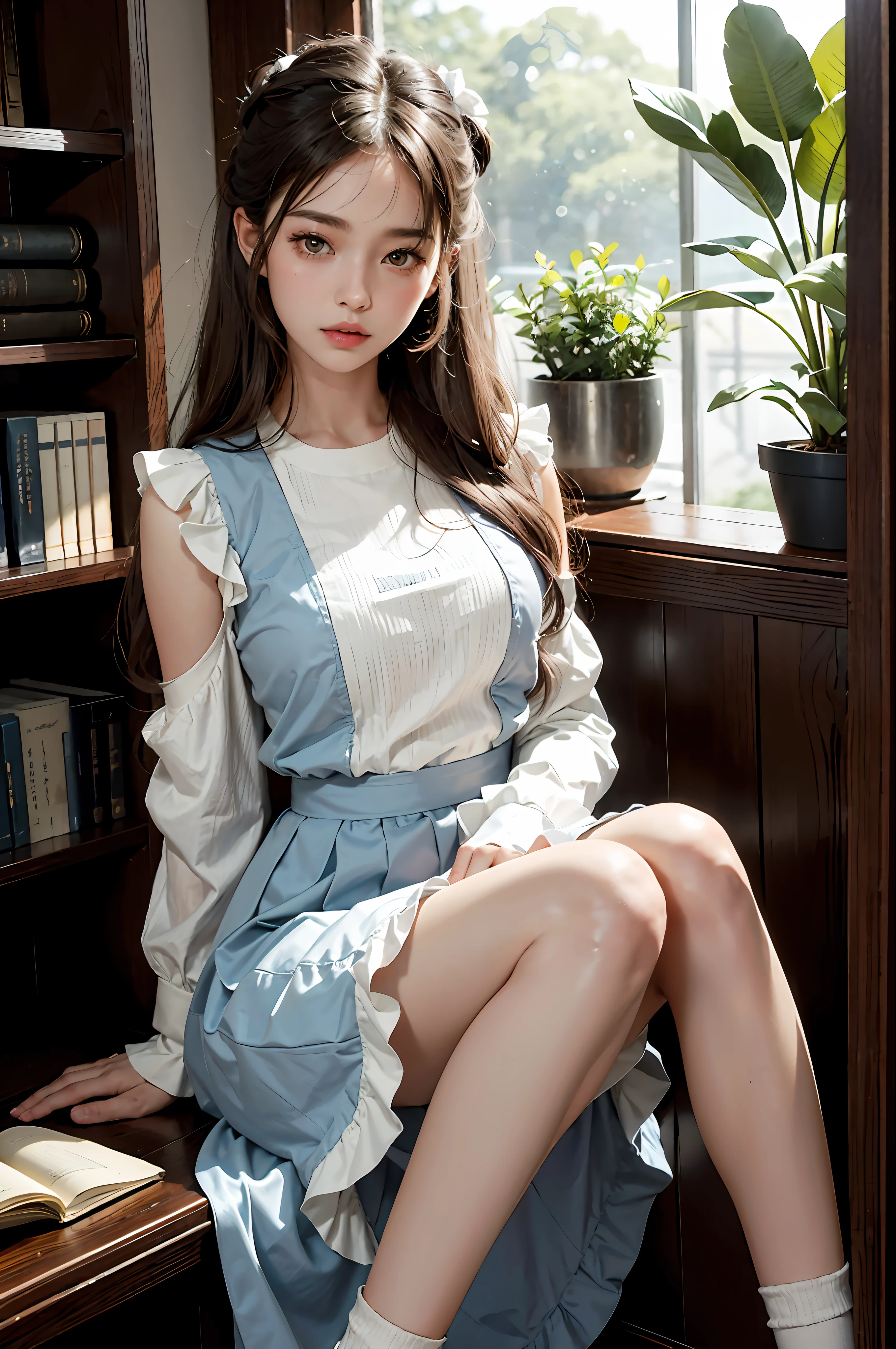 Capture the serene beauty of a 30-year-old woman, (high top fade: 1.3), long hair, dark theme, soothing tones, muted colors, high contrast, (natural skin texture, hyperrealism, soft light, sharp), immersed in the peaceful atmosphere of the library. Soft diffused lighting gently illuminates her features, emphasizing her delicate expression and creating a tranquil atmosphere. Library shelves filled with books provide a background of knowledge and wisdom. It focuses on capturing the natural charm and elegance of the model, maintaining the essence of calm and reflective moments. A lovely 21-year-old Japan gravure model with soft, wavy gray-brown hair adorned with ribbons captivates with a seductive look. She wears a white blouse with ruffles, a blue skirt with ruffles and white ankle socks with ruffles. Sitting on the bed, she hugs her knees while staring at the camera, exuding a melancholic charm. Create a scene where beauty and ephemerality intertwine.