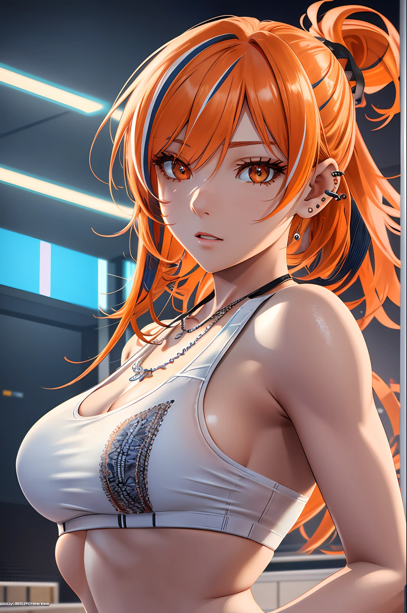 realistic, Beautiful detailed girl, clear and beautiful, Personage as the main perspective, shiny_skin, girl,woman,female, young,25 years old, (medium hair), bangs, (Top knot:1.3), sidelocks, orange hair, (beautiful detailed Glass hair), pink streaked hair,beautiful detailed cold face, cold expression, complex details beautiful and delicate eyes, fingernails, medium_breasts, , orange eyes, Authentic skin texture, gleaming skin,(Multiple piercings), necklace,(sports bra:1.3),(racing bloomers:1.3),bloom,(line art:1.2),realistic illustration,(unreal engine),(GoPro),(insanely detailed),perfect shading,(digital art),(ray tracing),(intricate detailed),creative refinement,(dark atmosphere)
