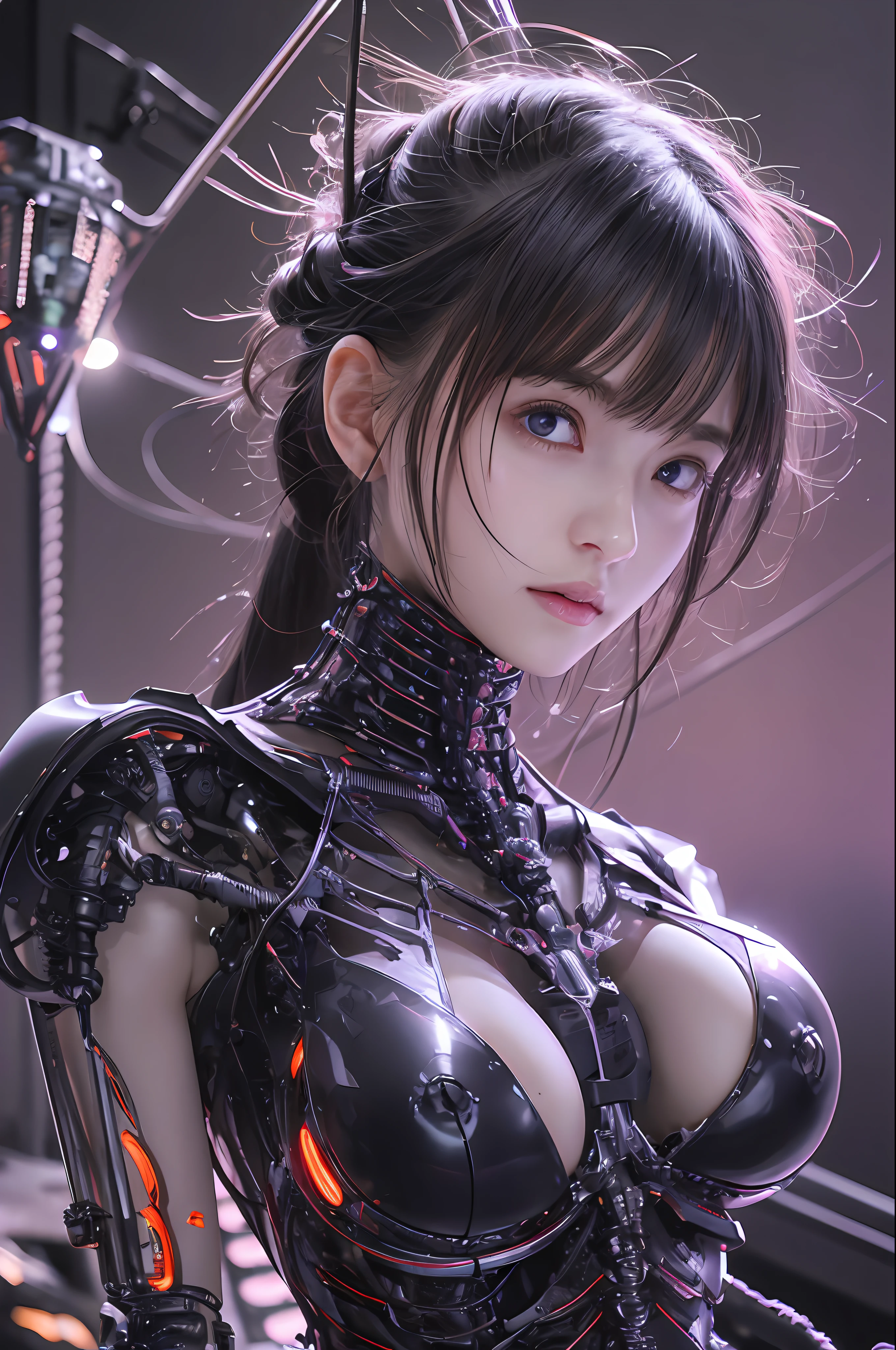 Top Quality, Masterpiece, Ultra High Resolution, (Photorealistic: 1.4), Raw Photo, 1 Girl, Black Hair, Glossy Skin, 1 Mechanical Girl, (Ultra Realistic Details)), Portrait, Global Illumination, Shadows, Octane Rendering, 8K, Ultra Sharp, Big, Cleavage Exposed Raw Skin, Metal, Intricate Ornament Details, Egyptian Details, Very intricate details, realistic light, CGSoation trend, purple eyes, glowing eyes, facing the camera, neon details, mechanical limbs, blood vessels connected to the tube, mechanical vertebrae attached to the back, mechanical cervical attachment to the neck, sitting, wires and cables connecting to the head, evangelion, small LED lamp,