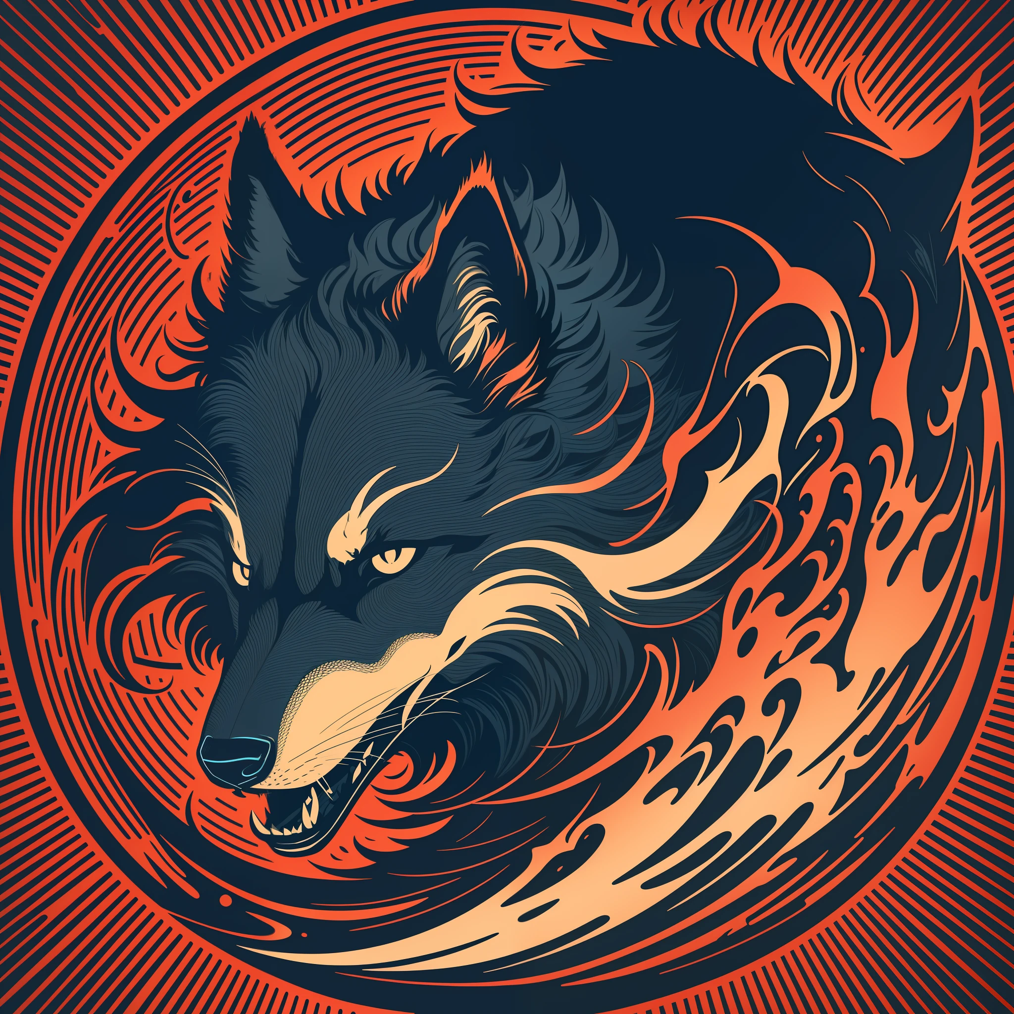[Black Wolf] circular heraldic silhouette, logo masking style illustration, Dan Mumford, Greg Rutkowski, James Jean, white background, fantasy art, mysterious, realistic, majestic, rich vivid colors, high contrast, seamless water brand, art station, deviant art, dribbling, red bubble, tea public, Sharp focus, simple, hyper detail, detailed drawing, vectorization, outline, isometric style, 8k.