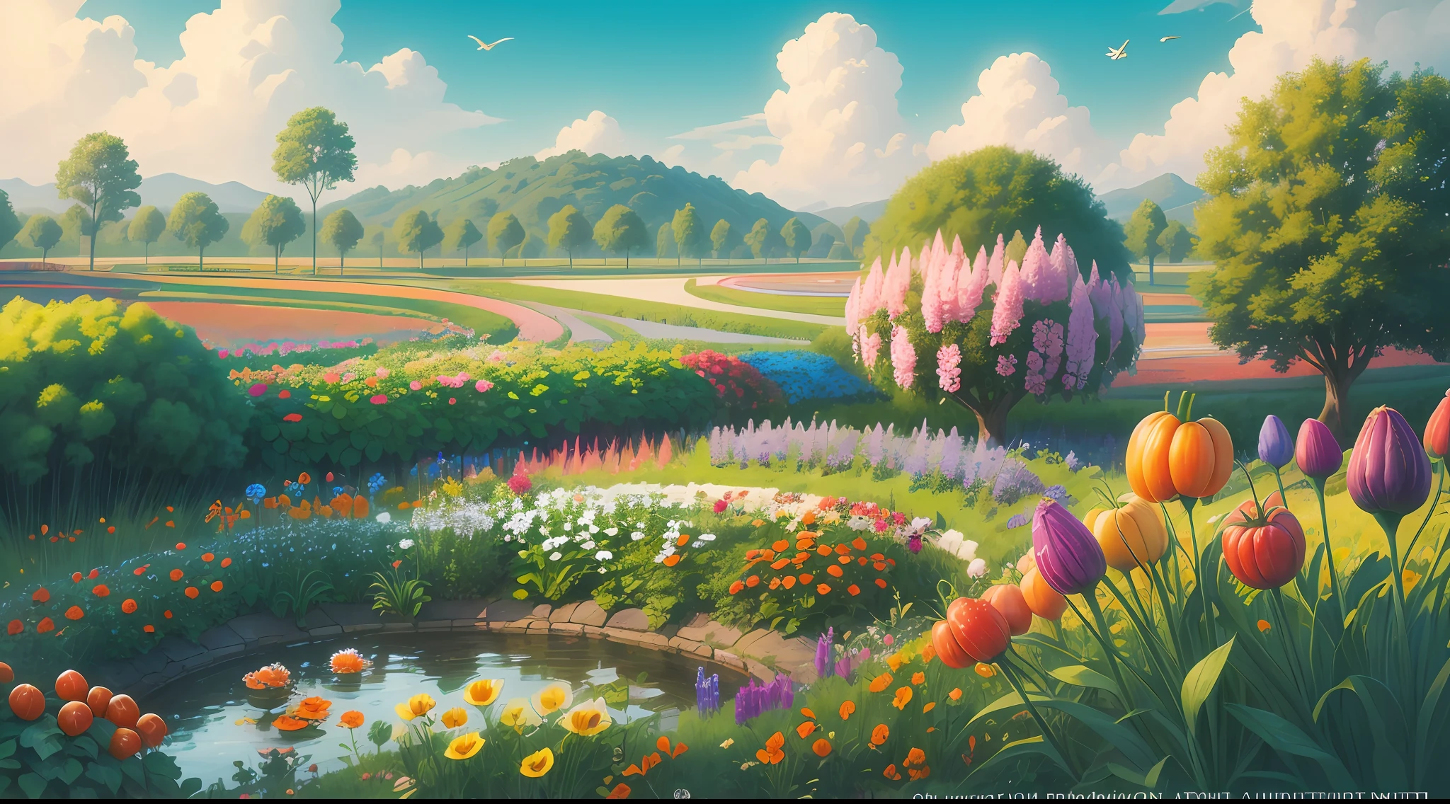 A bountiful vegetable and fruit garden stretching as far as the eye can see. The field is teeming with an assortment of vegetables like courgettes, tomatoes, radishes, and carrots, alongside luscious fruits such as strawberries and raspberries. In the distance, a tranquil river meanders through the landscape from right to left. The foreground features a well-traveled road, hinting at the connectivity between the rural and urban worlds. The environment is characterized by the harmonious coexistence of nature and human activity, with birds chirping and bees buzzing amidst the vibrant colors. The mood is joyful and vibrant, evoking a sense of abundance and growth. This scene will be realized as an illustration, using digital art techniques to emphasize the intricate details and vibrant colors of the garden.