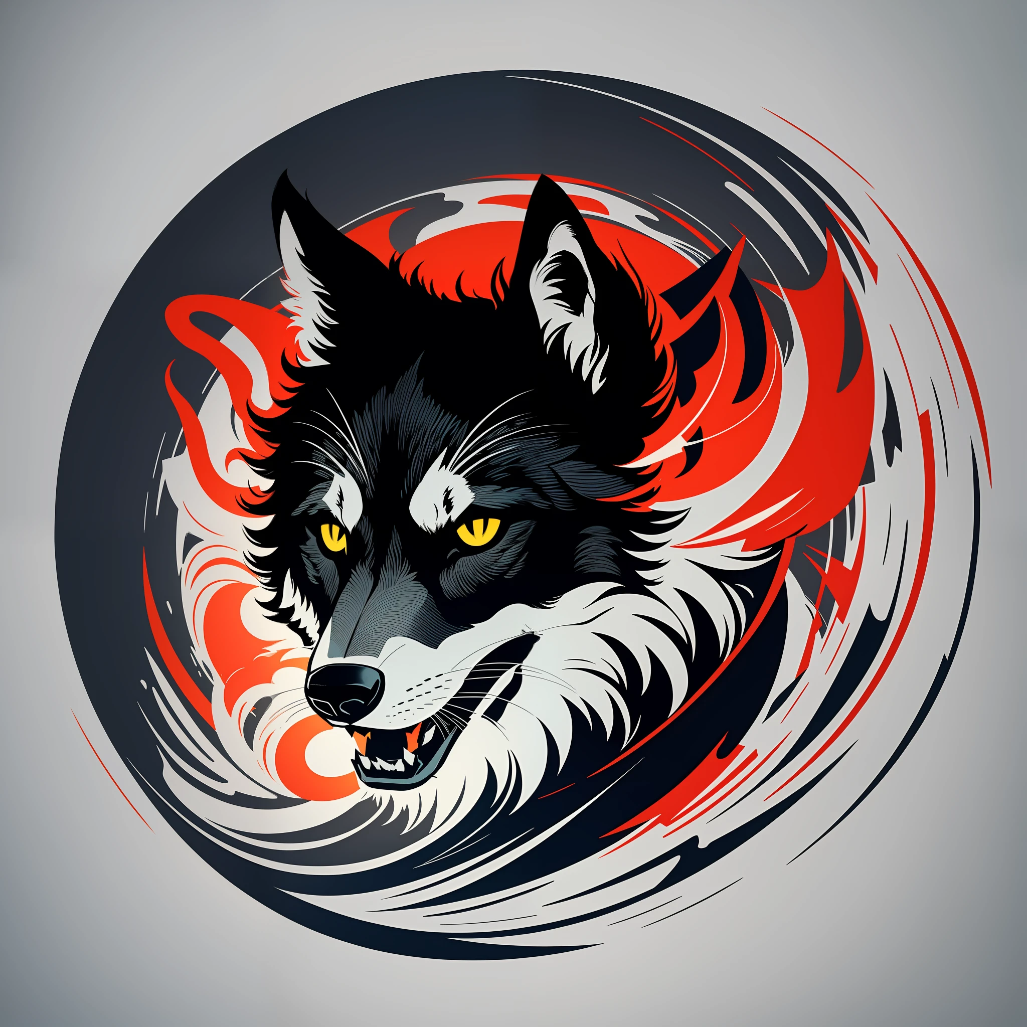 [Black Wolf] circular heraldic silhouette, logo masking style illustration, Dan Mumford, Greg Rutkowski, James Jean, white background, fantasy art, mysterious, realistic, majestic, rich vivid colors, high contrast, seamless water brand, art station, deviant art, dribbling, red bubble, tea public, Sharp focus, simple, hyper detail, detailed drawing, vectorization, outline, isometric style, 8k.
