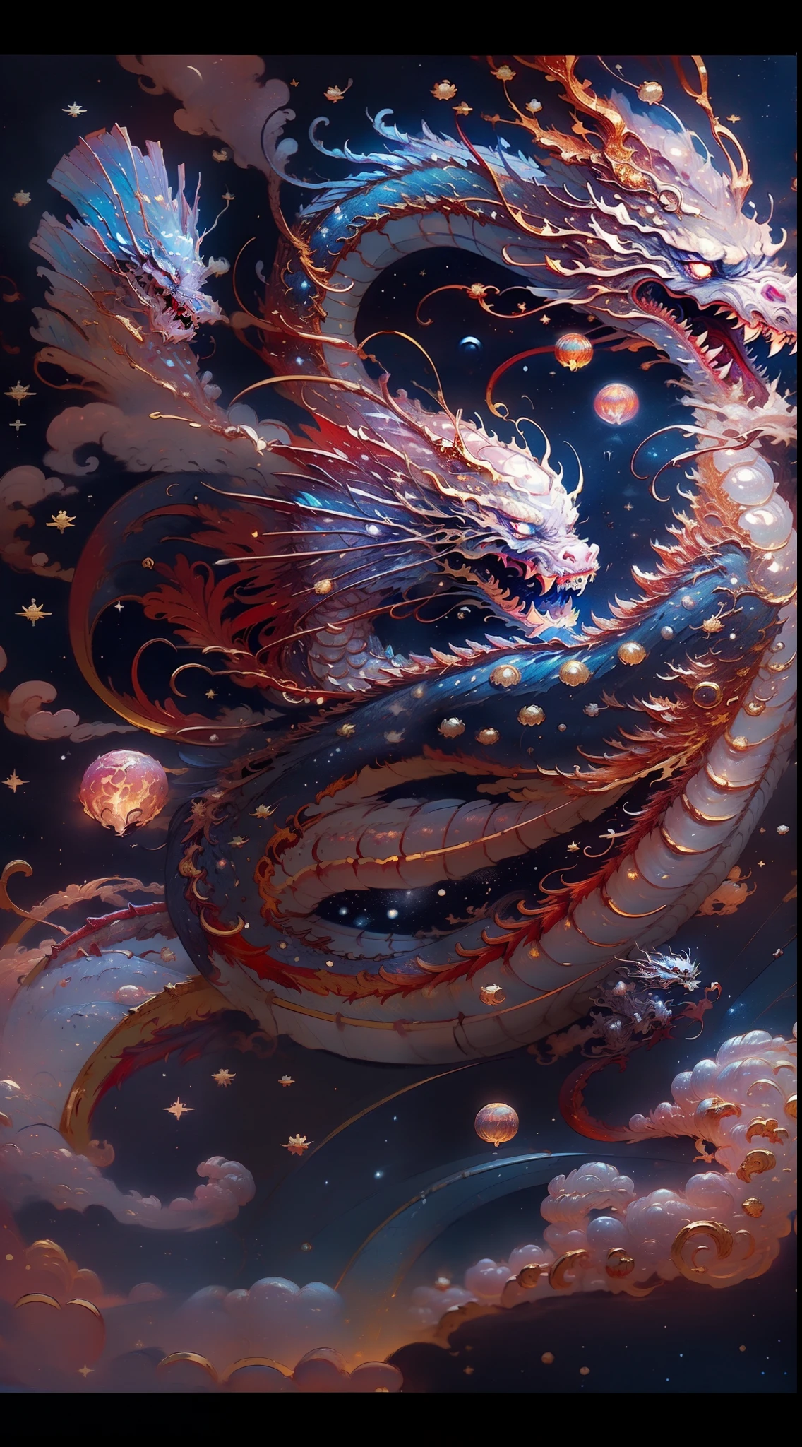 A celestial Chinese Dragon flying in the night sky, moon illuminating vibrant colors of dragon scales ((red, blue, gold:1.3)), mid-20th century vintage oil painting vibe ((Van Gogh style:1.2)), (pearly teeth:1.5), fiery eyes, cosmic stars in the background, (galaxy:1.3), fire-breathing, inspired by the works of Xu Beihong.