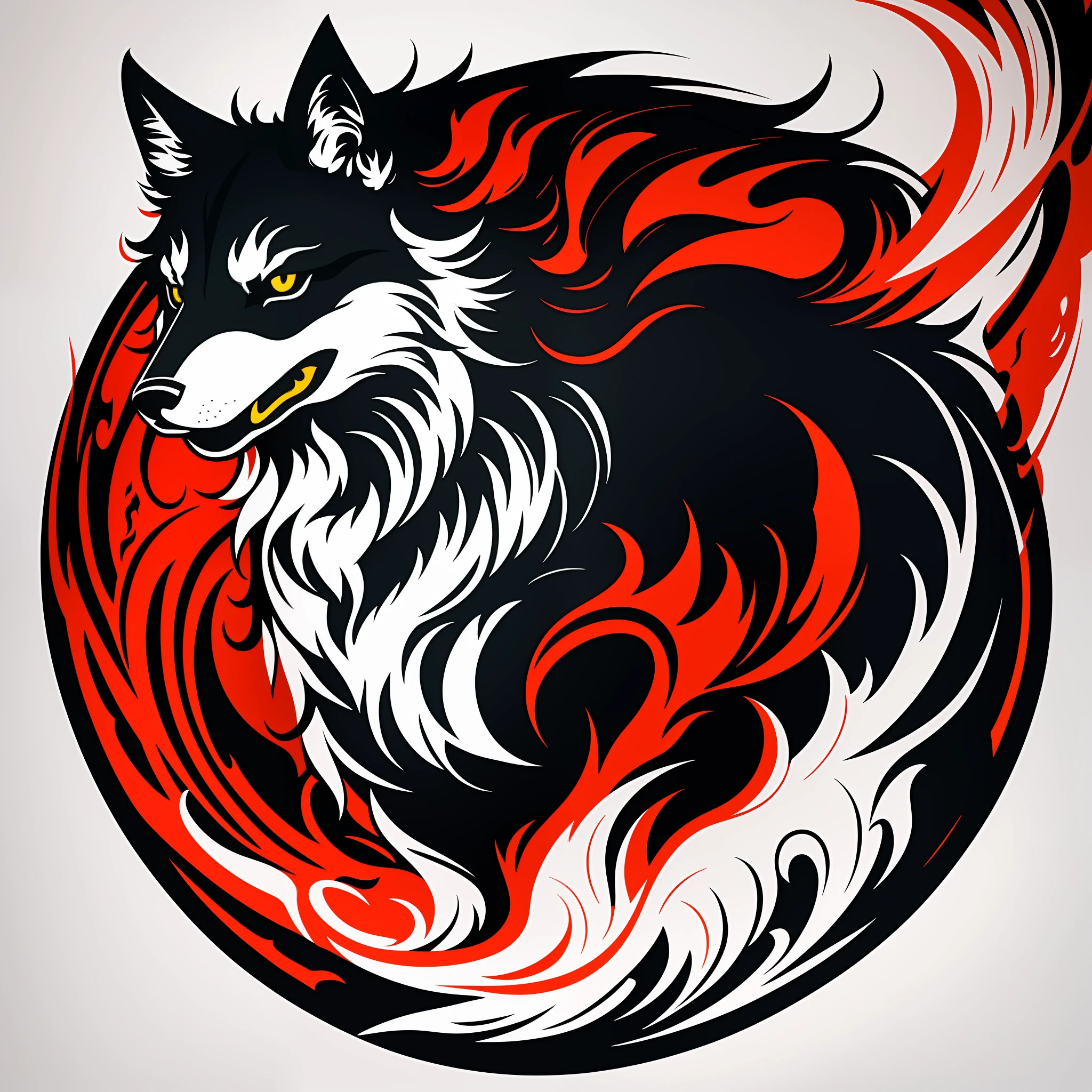 [Black Wolf] circular heraldic silhouette, logo masking style illustration, Dan Mumford, Greg Rutkowski, James Jean, white background, fantasy art, mysterious, realistic, majestic, rich vivid colors, high contrast, seamless water brand, art station, deviant art, dribbling, red bubble, tea public, Sharp focus, simple, hyper detail, detailed drawing, vectorization, outline, isometric style, 8k.
