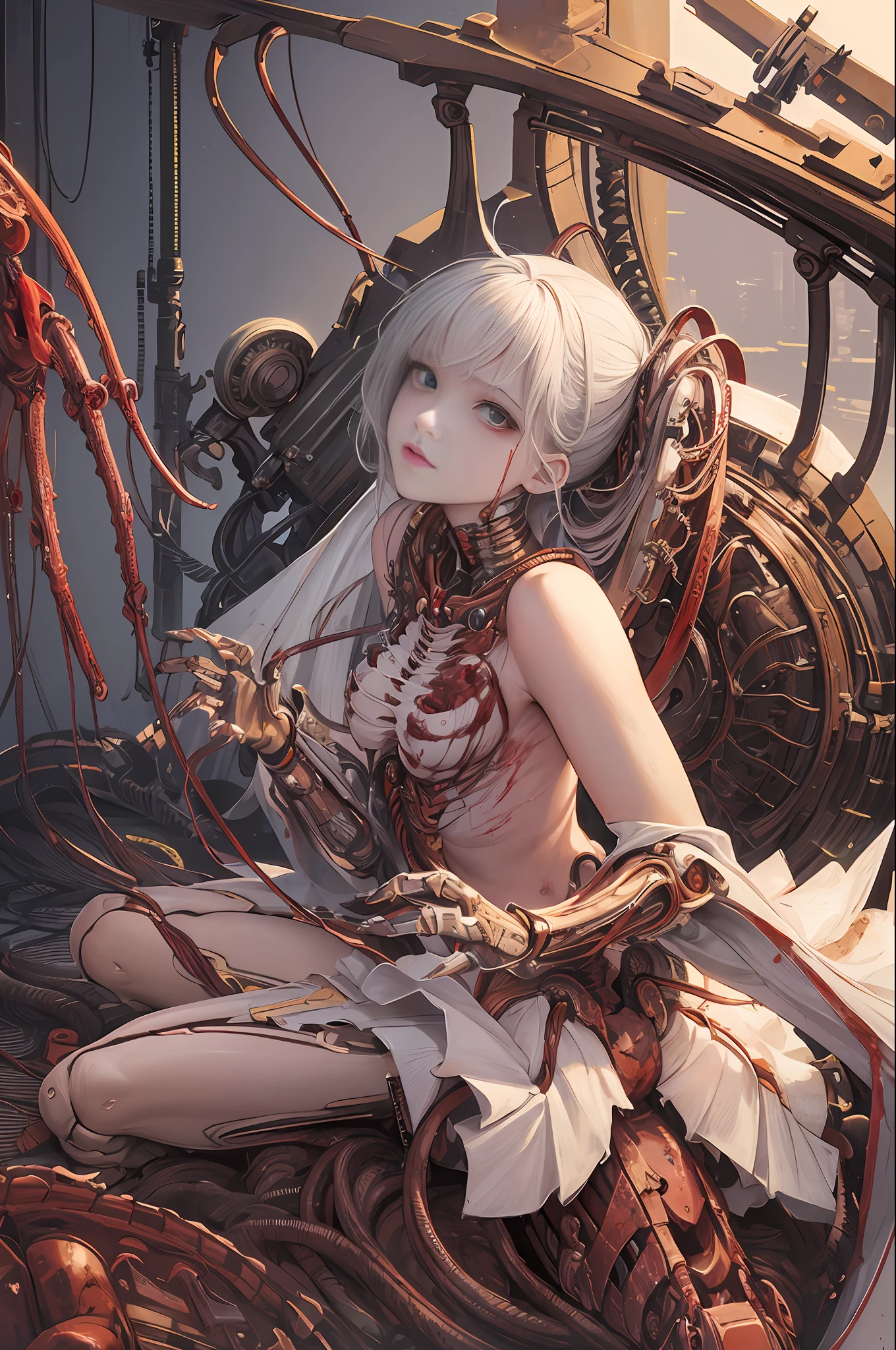 (masterpiece, top quality, best quality, official art, beautiful and aesthetic:1.2), (1girl:1.3), extreme detailed,colorful,highest detailed ((ultra-detailed)), (highly detailed CG illustration), ((an extremely delicate and beautiful)),(from side),cinematic light,((1mechanical girl)),solo,full body,(machine made joints:1.2),((machanical limbs)),(blood vessels connected to tubes),(mechanical vertebra attaching to back),((mechanical cervial attaching to neck)),(sitting),expressionless,(wires and cables attaching to neck:1.2),(wires and cables on head:1.2)(character focus),science fiction,white background,(blood:1.5)