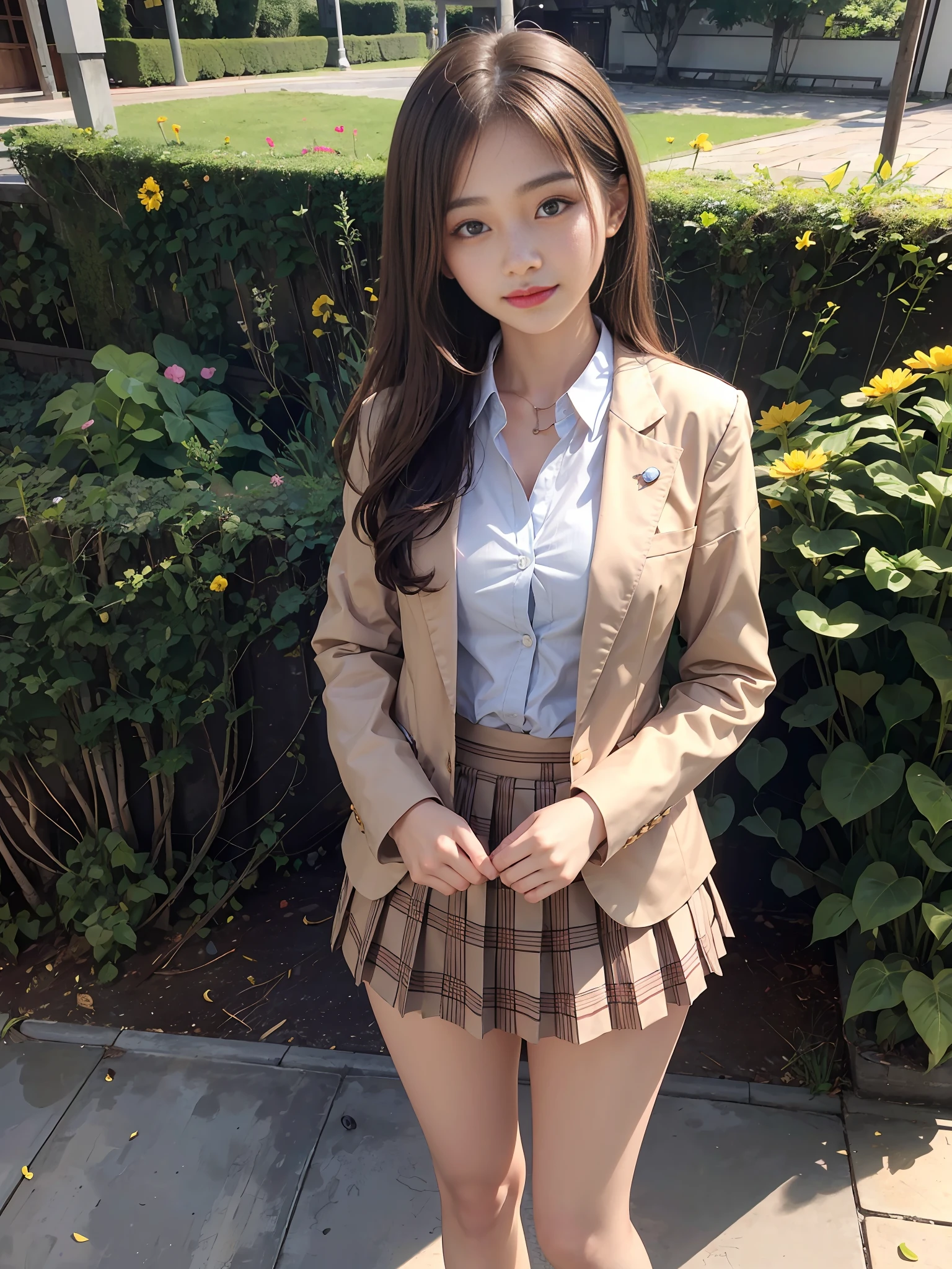  girl, high image quality, best gravure, natural light, bright skin, sun, flower garden, brown hair, long hair, bright look, Japan girl, Korean idol gravure, panties, schoolgirl,ng blazer uniform, pleated skirt, little smile,