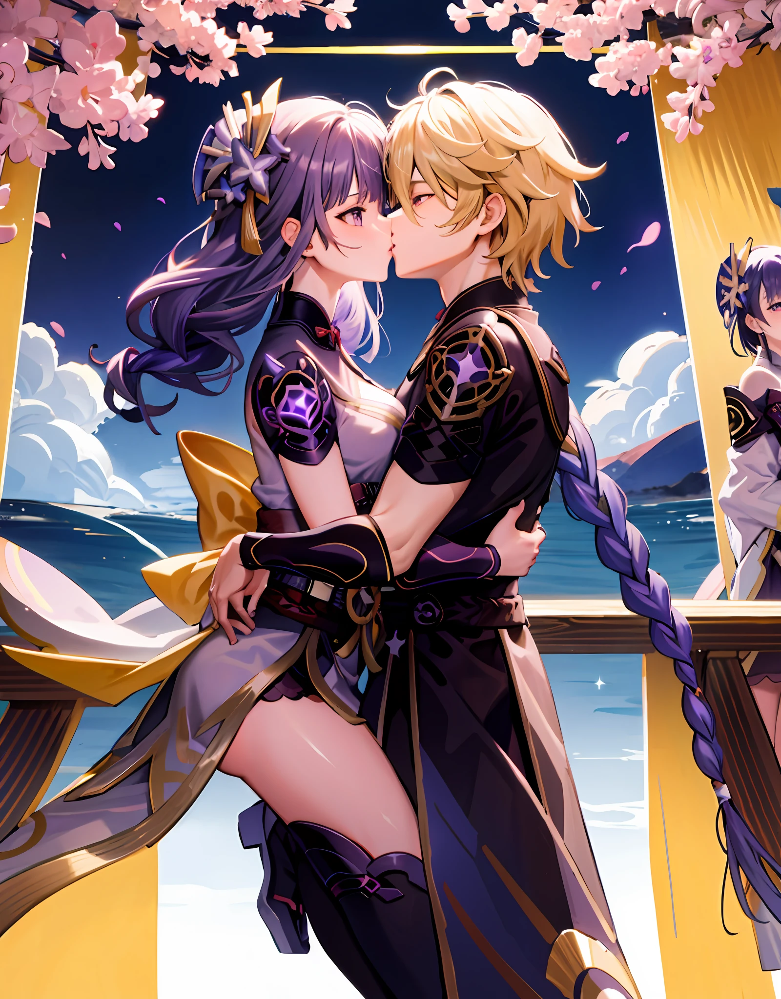 anime couple, aether and raiden shogun kissing, soft kiss, 1boy 1girl, cute, loving, peck, detailed faces, detailed hair, masterpiece, best quality, aether yellow hair\(genshin impact\), {{{masterpiece, electricity:1.4, pixiv fantasia}}},pov, raiden shogun, long hair, large hair, purple hair, multicolored hair, kimono, hair ornament, hair flower, purple eyes, parted lips, expressionless, looking at viewer, dynamic pose, large breasts