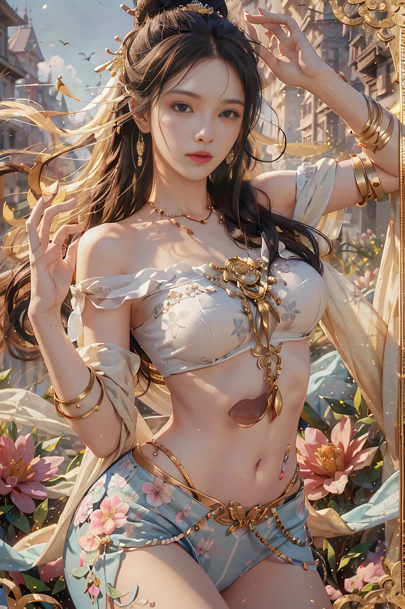 (hyperrealistic), (illustration), (high resolution), (8K), (extremely detailed), (best illustration), (beautiful detailed eyes), (best quality), (super detailed), (masterpiece), (wallpaper), (detailed face), solo, (dynamic pose), 1girl, white off-the-shoulder shirt with sexy super short yoga pants, bare shoulders, blooming flower field, glowing skin, light smile, camel toe, (no panties), (no bra)