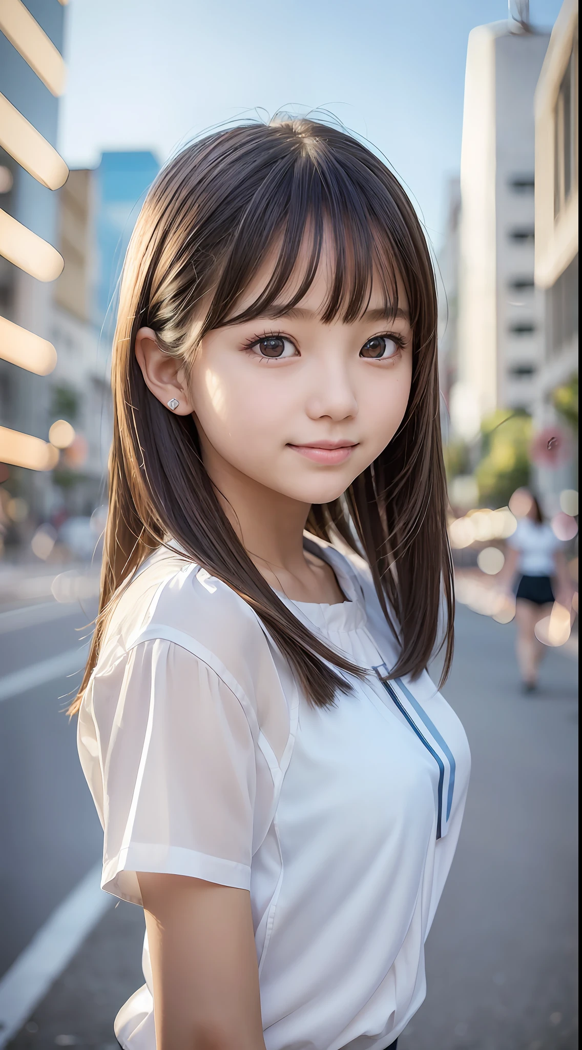 (crowded daytime city),masterpiece,best quality, ultra high definition,girl,slender,((Junior high school student))),(Okabo))),(Short sleeve blouse),((Beautiful hair and beautiful big eyes))),Smile,High contrast, (Photorealistic:1.4),Looking at camera,(Flash)