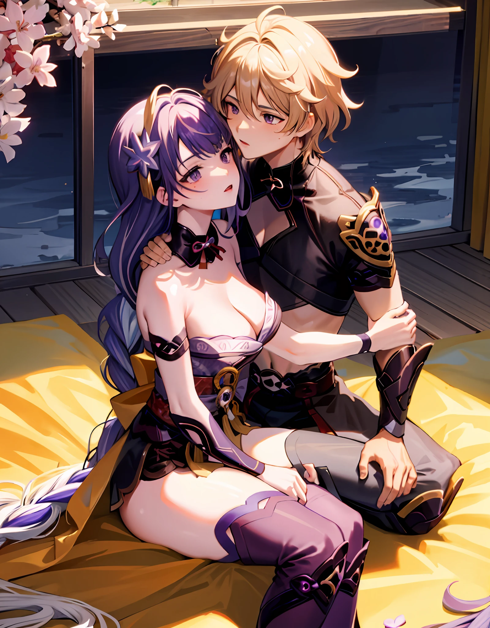 anime couple, aether and raiden shogun kissing, soft kiss, 1boy 1girl, cute, loving, peck, detailed faces, detailed hair, masterpiece, best quality, aether yellow hair\(genshin impact\), {{{masterpiece, electricity:1.4, pixiv fantasia}}},pov, raiden shogun, long hair, large hair, purple hair, multicolored hair, kimono, hair ornament, hair flower, purple eyes, parted lips, expressionless, looking at viewer, dynamic pose, large breasts, (Sexy -yeld giand 20-year-old man) ((spooning with 1 man with yellow hair )), covered by a blanket, (warm lighting), (intimate atmosphere), (bedroom scene)), camisole, medium hair, (cleavage), (romantic mood), (soft focus), (medium breasts), (subtle facial expression), sweating WITH A MAN, KISSING A MAN. The man is touching her ass sensually. The man has his nose between her breasts, and is licking her breasts. Romantic. She has a guilty expression, a sad expression. A regretful and lustful expression, high quality fanart, best quality,