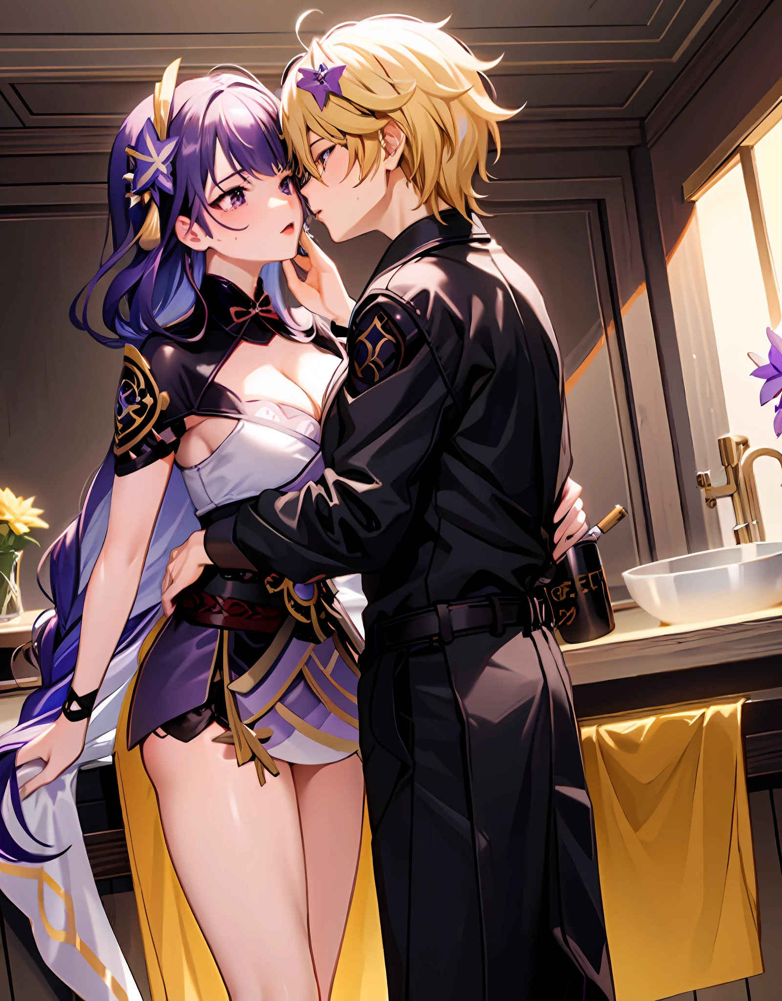 anime couple, aether and raiden shogun kissing, soft kiss, 1boy 1girl, cute, loving, peck, detailed faces, detailed hair, masterpiece, best quality, aether yellow hair\(genshin impact\), {{{masterpiece, electricity:1.4, pixiv fantasia}}},pov, raiden shogun, long hair, large hair, purple hair, multicolored hair, kimono, hair ornament, hair flower, purple eyes, parted lips, expressionless, looking at viewer, dynamic pose, large breasts, (Sexy 16-year-old girl and 20-year-old man) ((spooning with 1 man with yellow hair )), covered by a blanket, (warm lighting), (intimate atmosphere), (bedroom scene)), camisole, medium hair, (cleavage), (romantic mood), (soft focus), (medium breasts), (subtle facial expression), sweating WITH A MAN, KISSING A MAN. The man is touching her ass sensually. The man has his nose between her breasts, and is licking her breasts. Romantic. She has a guilty expression, a sad expression. A regretful and lustful expression, high quality fanart, best quality,