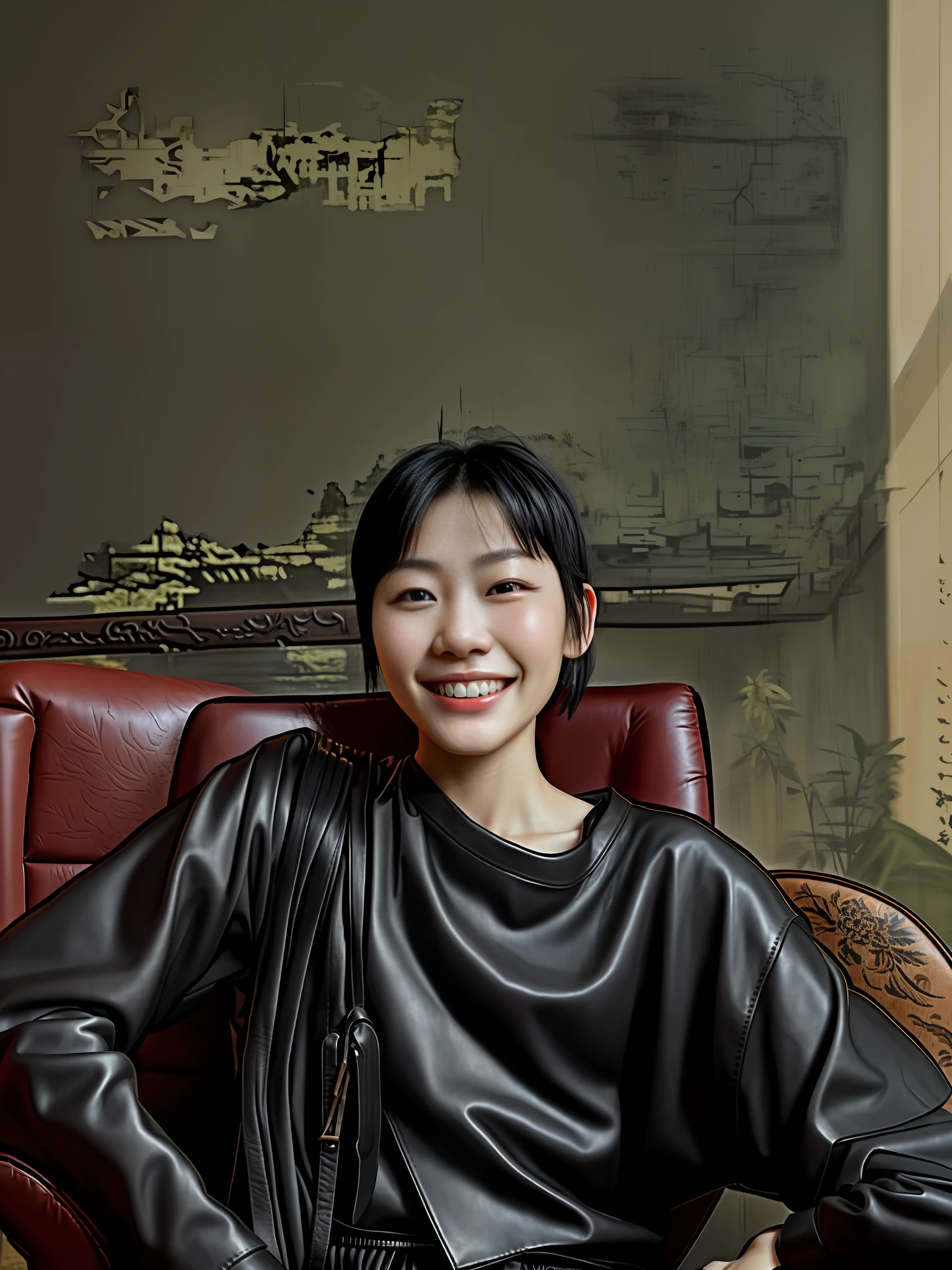 There is a woman in leather clothes sitting on a leather chair, hands crossed at the waist, Chen Xintong, she is smiling, she is smiling, happy, with short hair, Nam Jae-yeon, inspired by Kim Jong-hui, Choi Hyun-hwa, Ye Wenfei, smiling sweetly, cute smile, Zhang Tingting, Qiansui, avatar avatar, Gongbi