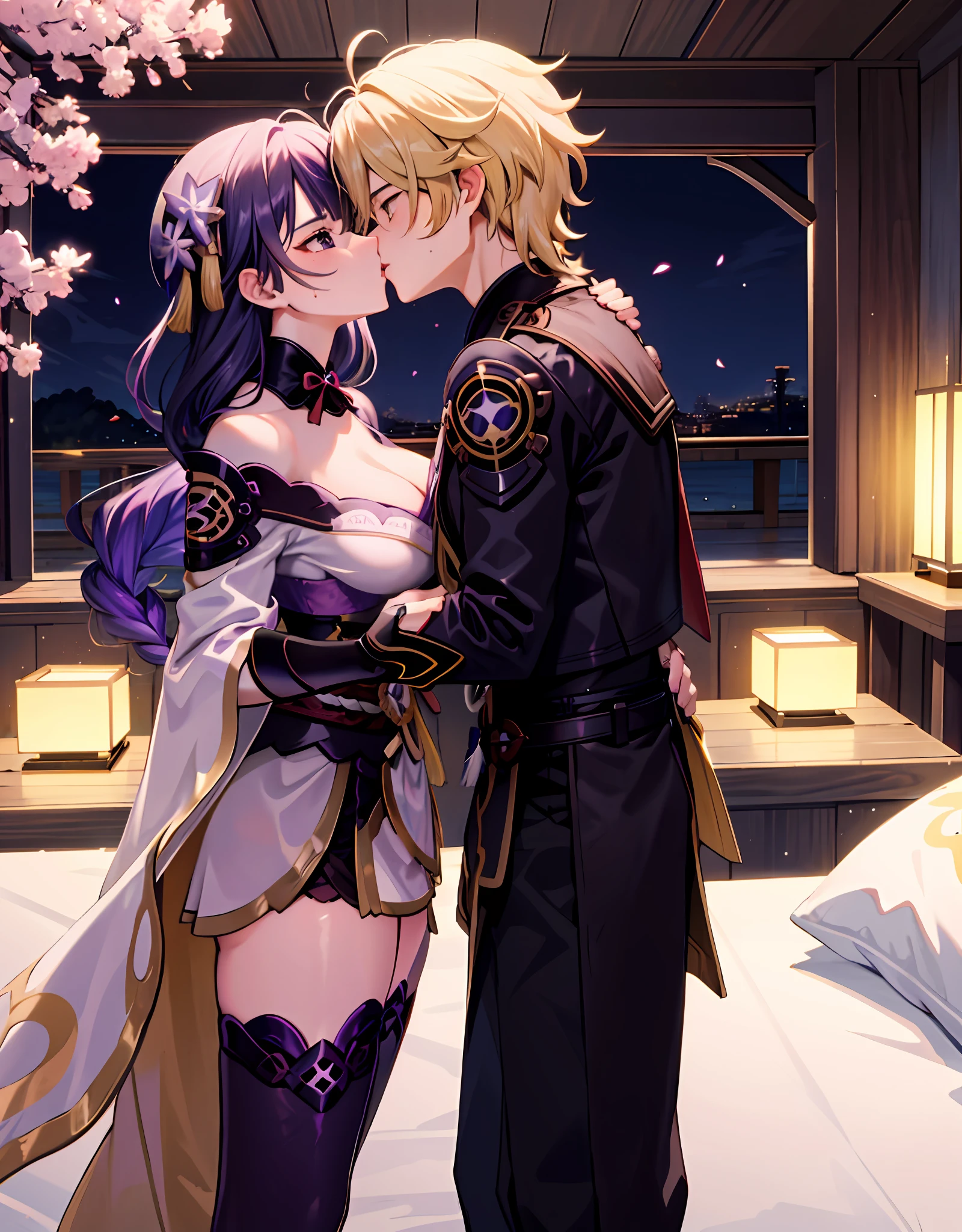 anime couple, aether and raiden shogun kissing, soft kiss, 1boy 1girl, cute, loving, peck, detailed faces, detailed hair, masterpiece, best quality, aether yellow hair\(genshin impact\), {{{masterpiece, electricity:1.4, pixiv fantasia}}},pov, raiden shogun, long hair, large hair, purple hair, multicolored hair, kimono, hair ornament, hair flower, purple eyes, parted lips, expressionless, looking at viewer, dynamic pose, large breasts, (Sexy 16-year-old girl and 20-year-old man) ((spooning with 1 man with yellow hair )), covered by a blanket, (warm lighting), (intimate atmosphere), (bedroom scene)), camisole, medium hair, (cleavage), (romantic mood), (soft focus), (medium breasts), (subtle facial expression), sweating WITH A MAN, KISSING A MAN. The man is touching her ass sensually. The man has his nose between her breasts, and is licking her breasts. Romantic. She has a guilty expression, a sad expression. A regretful and lustful expression, high quality fanart, best quality,