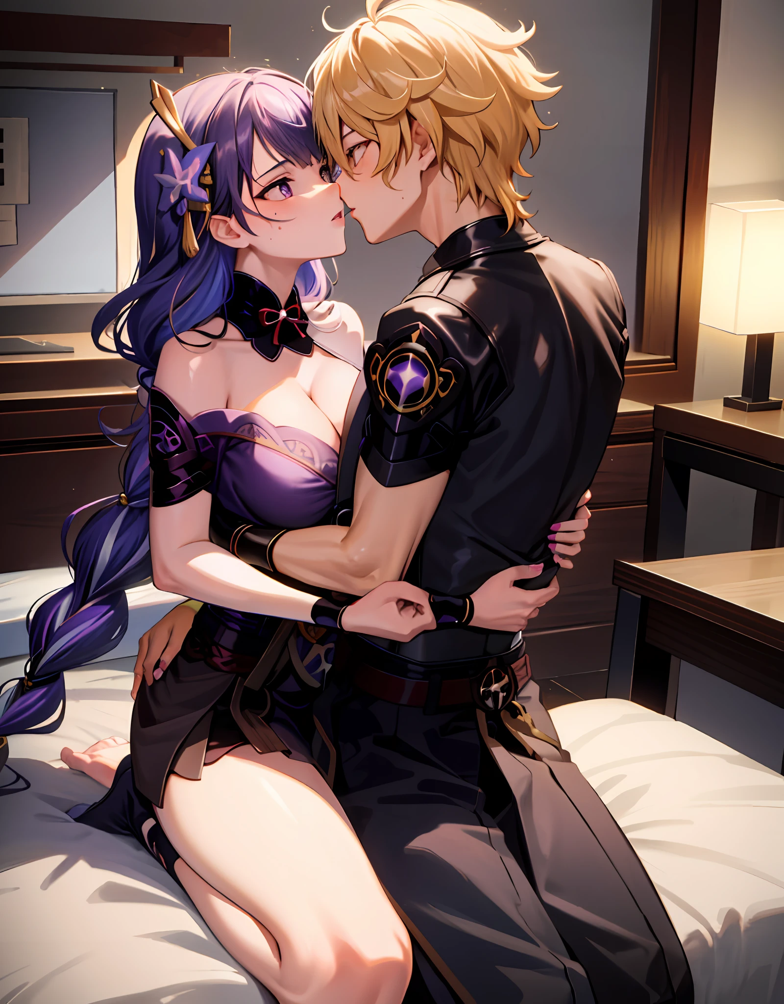 anime couple, aether and raiden shogun kissing, soft kiss, 1boy 1girl, tall Women, cute, loving, peck, detailed faces, detailed hair, masterpiece, best quality, aether yellow hair\(genshin impact\), {{{masterpiece, electricity:1.4, pixiv fantasia}}},pov, raiden shogun, long hair, large hair, purple hair, multicolored hair, kimono, hair ornament, hair flower, purple eyes, parted lips, expressionless, looking at viewer, dynamic pose, large breasts, (Sexy **************** and 20-year-old man) ((spooning with 1 man with yellow hair )), covered by a blanket, (warm lighting), (intimate atmosphere), (bedroom scene)), camisole, medium hair, (cleavage), (romantic mood), (soft focus), (medium breasts), (subtle facial expression), sweating WITH A MAN, KISSING A MAN. The man is touching her ass sensually. The man has his nose between her breasts, and is licking her breasts. Romantic. She has a guilty expression, a sad expression. A regretful and lustful expression, high quality fanart, best quality,