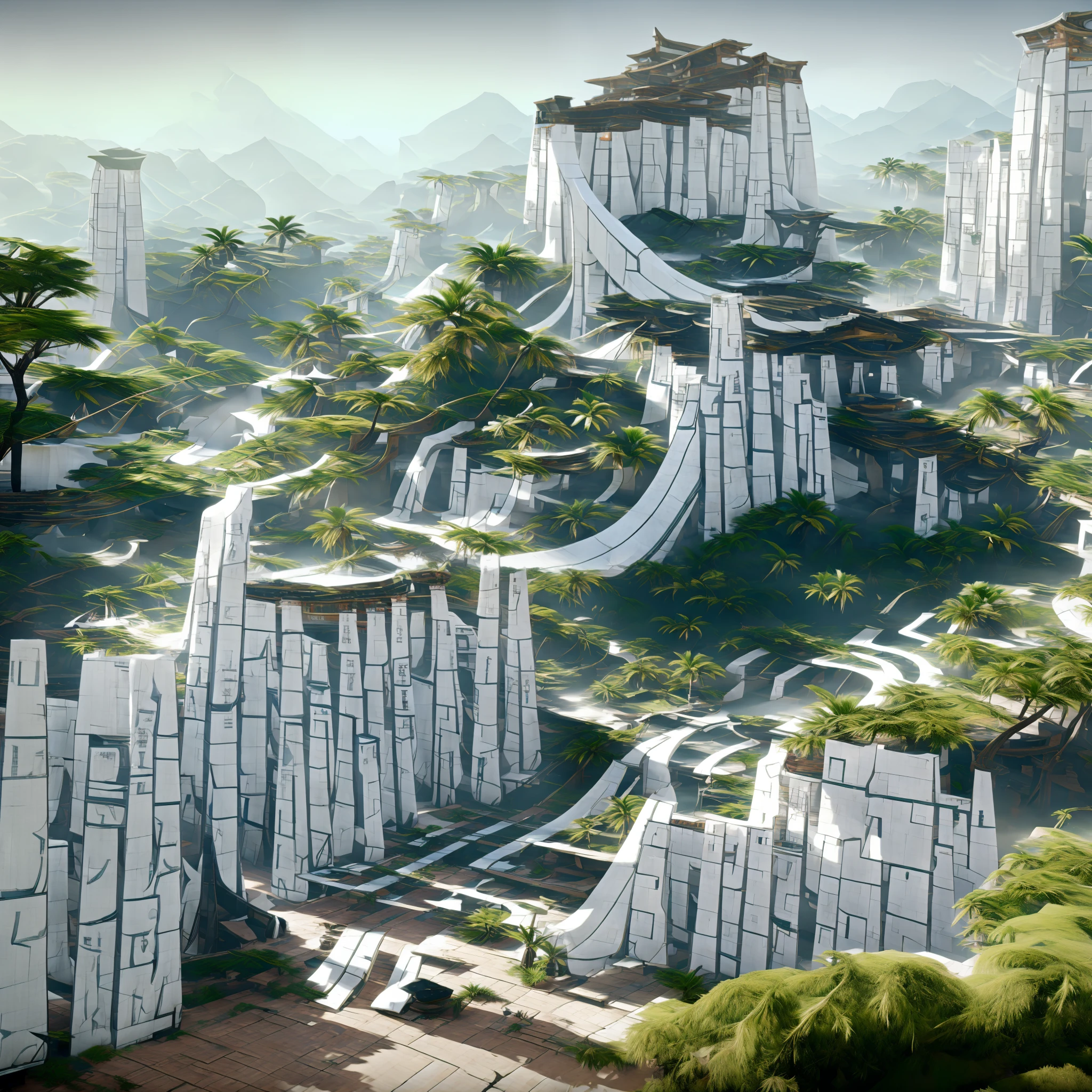 Futuristic design of an awesome sunny  day environment concept art on a futuristic forest terrain with huge waterfalls,streams,sacred grooves, nature architecture, proportional,detailed, blueprint,bright clouds, nature meets futuristic architecture by Santiago Calatrava and Vincent Callebaut  with Wes Anderson village,residential area, futuristic development, high rise made up staircases, balconies, full of composite glass facades, residential spaces carved from cliff side ,trending on artstation, beautiful lighting,In the style of Andreas Achenbach and Norman Ackroyd masterpiece, fantasy, intricate, award winning, 4k, highest quality render