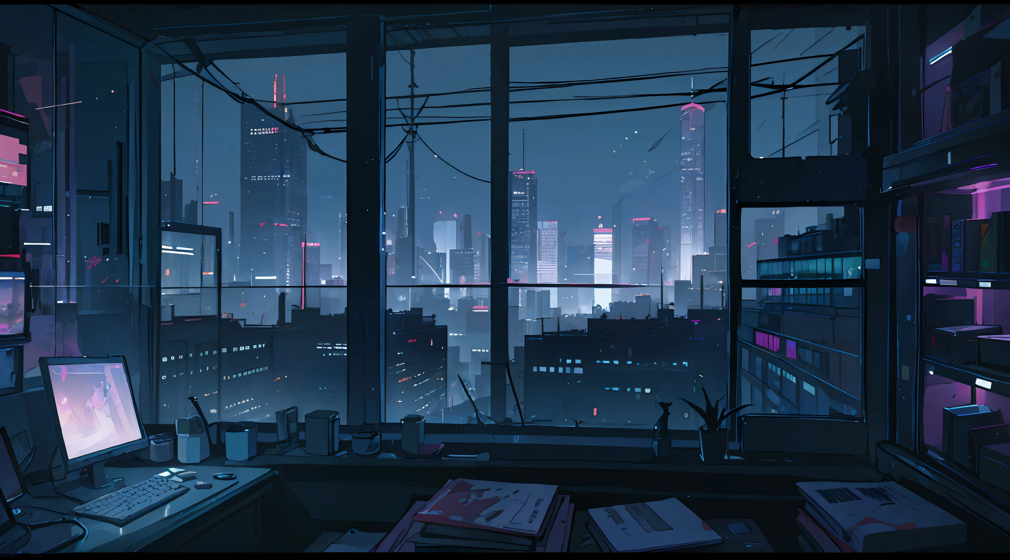 At night, there are dim blue-green lights indoors, bookshelves half full of books, various items on the tabletop, windows directly in front of the window, windows account for a quarter of the picture, night view of the city outside the window, anime style 4 K, cyberpunk anime, 4k anime wallpaper, anime art wallpaper 8 k, anime style. 8K, digital cyberpunk anime art