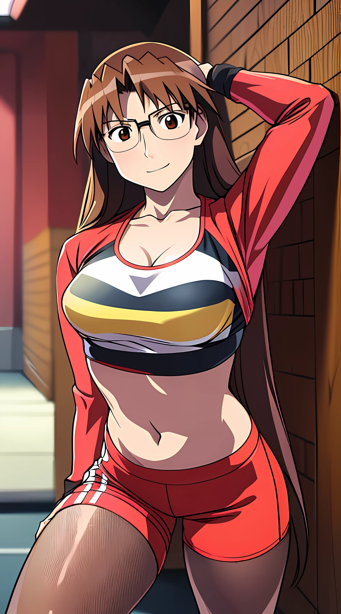 Koyomi Mizuhara, Brunette hair, long hair, glasses, medium breasts, bra underneath, medium ass, gym outfit, shirt, biker shorts, socks, sneakers, smirking