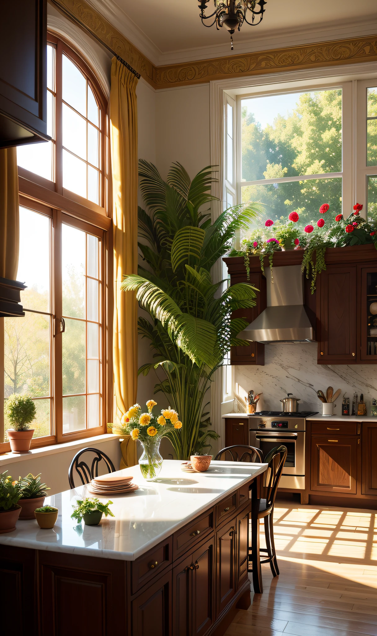 maximalist kitchen with lots of flowers and plants, golden light, award winning masterpiece with incredible details big windows, highly detailed, harper's bazaar art, fashion magazine, smooth, sharp focus, 8k, octane render,