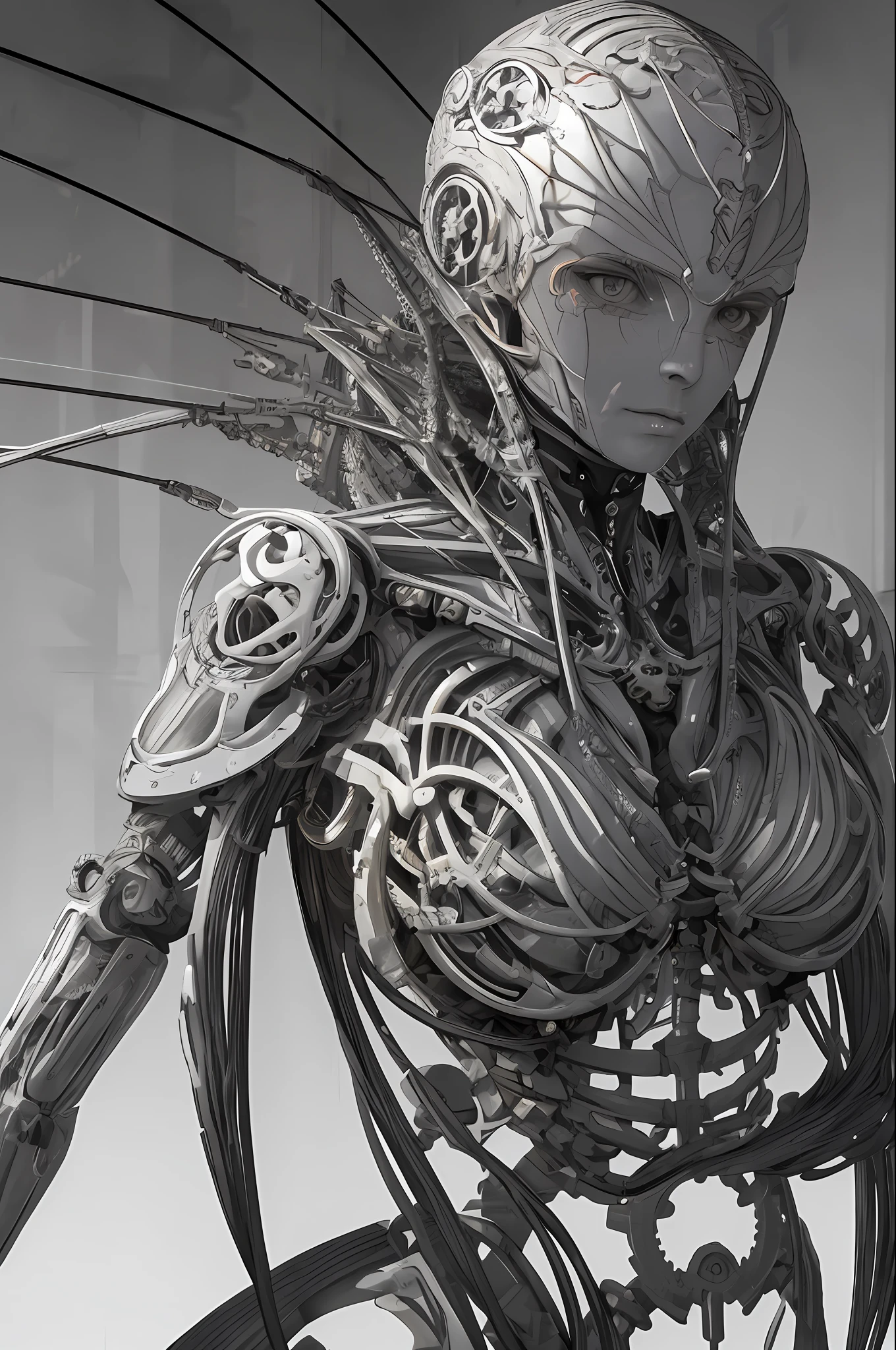 mechanical girl, perfect human model, thin face, bright eyes, smooth and smooth body, porcelain skin, , anatomical, facial muscles, cable wires, microchip, piercing, detailed ornaments, mechanical limbs, mechanical vertebra, mechanical cervical, intricate metal, gears, mesh wire, egyptian detail, artgerm art, greg rutkowski art, viktoria gavrilenko art, giger art, Boris Bidjan Saberi clothing, Art Nouveau fashion embroidery, photo, landscape, 8k, CGC, ultra sharp, intricate details, ultra realistic details, intense visuals, fantastic style, global lighting, shadows, octane render, sharp focus, cool colors, highly intricate details, realistic light, neon details, depth of field.
