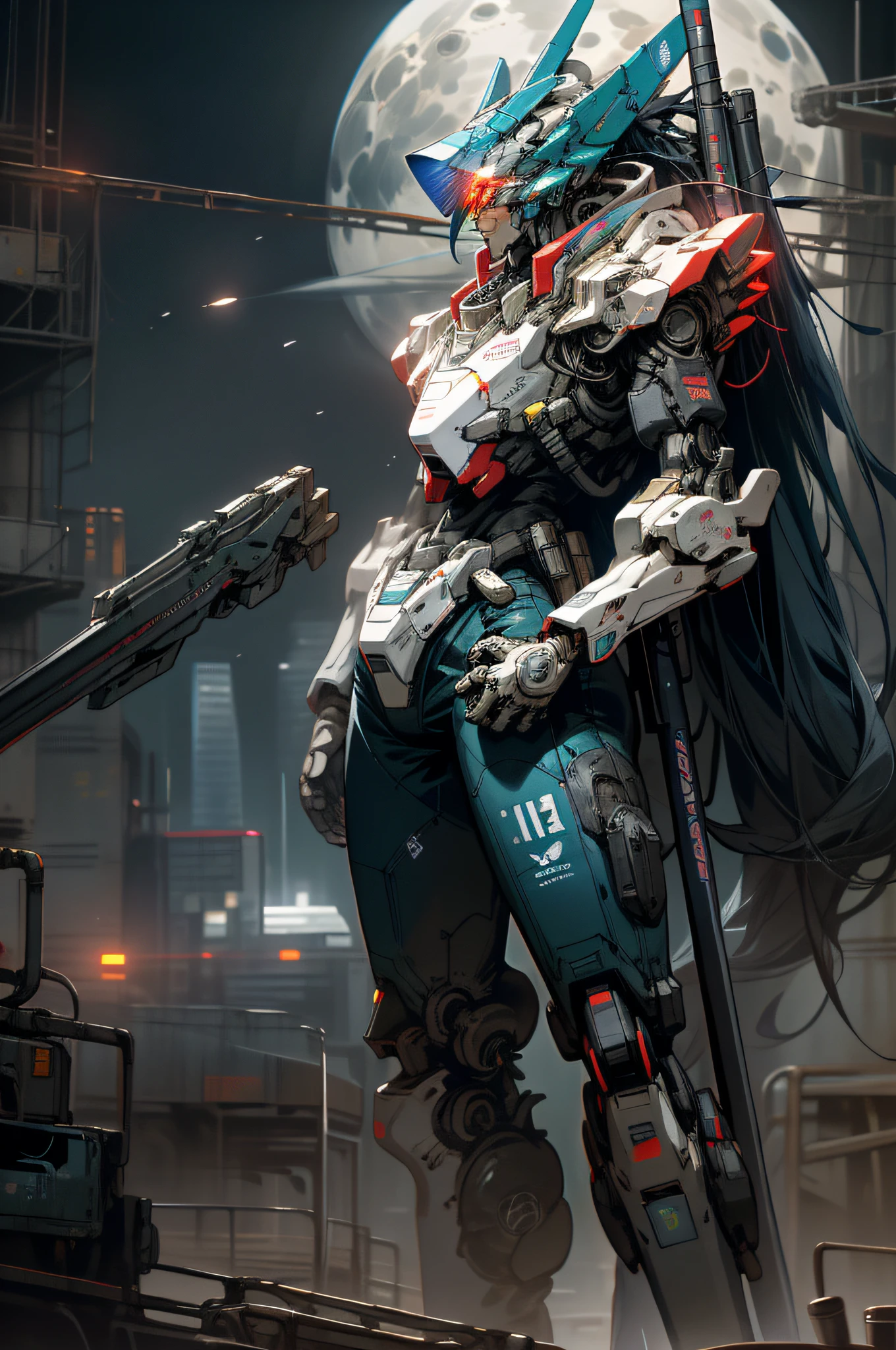 On the moon, sterile planets, ruins, holding_weapon, no_humans, bright, robot, construction, glowing_eyes, red and blue mecha, science fiction, city, realistic, mecha, background of the Milky Way, neon, cyberpunk, macross, robotec, valquire hunt,