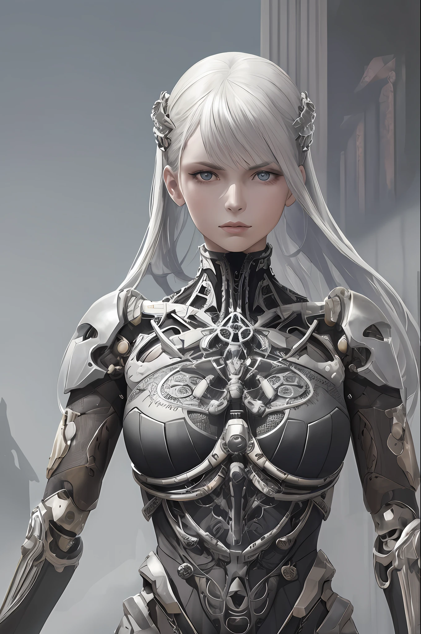 mechanical girl, perfect human model, thin face, bright eyes, smooth and smooth body, porcelain skin, , anatomical, facial muscles, cable wires, microchip, piercing, detailed ornaments, mechanical limbs, mechanical vertebra, mechanical cervical, intricate metal, gears, mesh wire, egyptian detail, artgerm art, greg rutkowski art, viktoria gavrilenko art, giger art, Boris Bidjan Saberi clothing, Art Nouveau fashion embroidery, photo, landscape, 8k, CGC, ultra sharp, intricate details, ultra realistic details, intense visuals, fantastic style, global lighting, shadows, octane render, sharp focus, cool colors, highly intricate details, realistic light, neon details, depth of field.