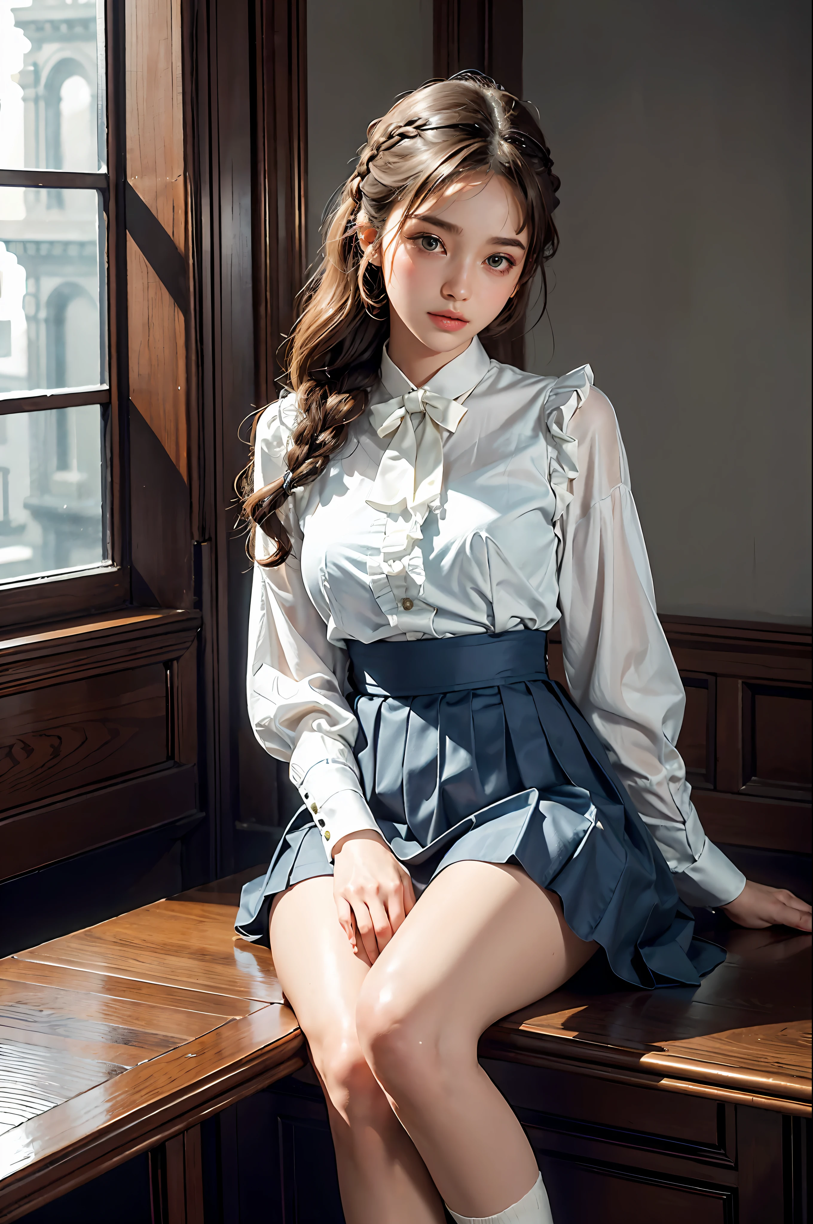 30-year-old woman, (High Top Fade: 1.3), (lo-fi), (soft focus), High Definition, Masterpiece, High Definition, High Definition, 4K, Ultra High Definition, Ultra realistic shadows, Ultra realistic, Dramatic lighting, One Girl, Solo, Detailed Face, Realistic Eyes, Realistic Skin, Dynamic Hair, Dynamic Pose, Dynamic Angle, (White Blouse), (Dark Blue Bow Tie) , (((dark blue long skirt)))), ((white short ankle-length socks with folded edges))), library background, (raw photo: 1.2), (photorealistic: 1.4), beautiful detailed woman, highly detailed eyes and face, beautiful detailed eyes, huge file size, super detailed, high resolution, very detailed, highest quality, (bright indoors), (soft light), (low contrast), ( shallow depth of field), (portrait of a beautiful woman illuminated by gentle light), (very delicate and elegant depiction), (short length bangs), (hair color is dark chestnut with a slight brown tone), (hair with subtle and gentle waves), (small braid intricately woven on the sides of long hair), ((white short ankle-length socks with folded edges))), illustration, very detailed, CG, unification, 8k wallpaper, Amazing, fine details, best quality, highly detailed CG unified 8k wallpaper, face light, movie lighting, 1 girl, 25 years old, (((without panties)), (camel toe), (half), (bent knees and legs sitting)), long hair, dark theme, soothing tones, muted colors, high contrast, (natural skin texture, hyperrealism, soft light, sharp), capture the serene beauty of a young woman immersed in the peaceful atmosphere of the library. Soft diffused lighting gently illuminates her features, emphasizing her delicate expression and creating a tranquil atmosphere. Library shelves filled with books provide a background of knowledge and wisdom. It focuses on capturing the natural charm and elegance of the model, maintaining the essence of calm and reflective moments. A lovely 21-year-old Japan gravure model with soft, wavy gray-brown hair adorned with ribbons captivates with a seductive look. She wears a white blouse with ruffles, a blue skirt with ruffles and white ankle socks with ruffles. Sitting on the bed, she hugs her knees while staring at the camera, exuding a melancholic charm. Create a scene where beauty and ephemerality intertwine.