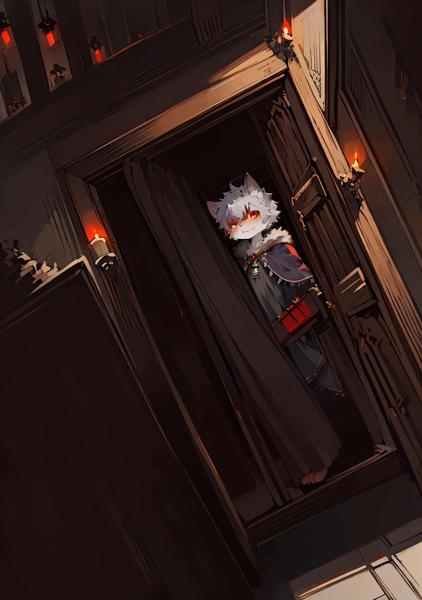 (Dark Environment: 0.8), Masterpiece, High Quality, Abstract Res, Digital Painting\(artwork\), by Dagasi, Yupa, Kiyosan, (Anthro, Fluffy Fur, Character Focus: 1.1), Anthro Male Cat, Short Hair, Portrait , bright eyes, panorama, character focus. (Background: 0.7), Sex, Furry, Furry Male, Male Focus, Anthr, (Full Body Fur, Fluffy Tail, White Fur, Red Eyes, Gray Hair: 1.2), (Long Canids, Vampires, Cloak: 1.2), (Interior, Night, Castle, Coffin: 1.1)