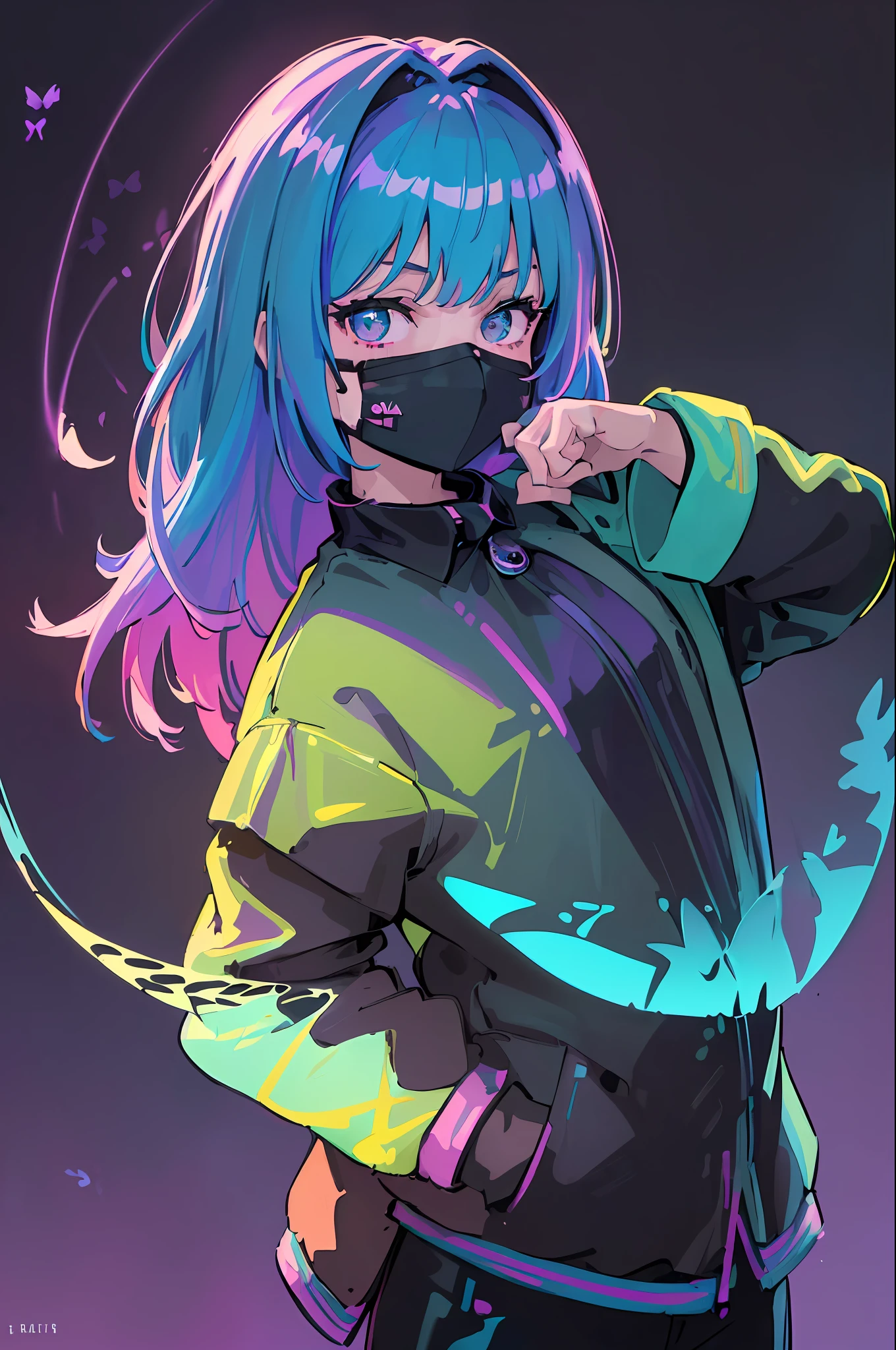 (((masterpiece, best quality, illustration, extremely detailed, 8k, 4k, 2k))), (1girl), ((shiny hair, multicolored hair)), ((iridescent hair)), ((face mask) ), ((teal neon light)), ((hands behind back)), (black jacket), (((purple retro background))), (looking at viewer), (black pants), ((butterflies )), (looking at viewer), (upper body)