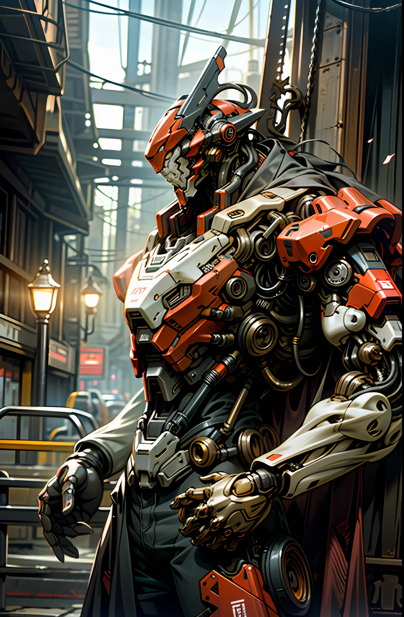 Dark_Fantasy,Cyberpunk,(chain saw,chain saw man,Red:1.1),1man,Mechanical marvel,Robotic presence,Cybernetic guardian, wearing a worn-out mech suit, intricate, (steel metal [rusty]), elegant, clear focus, shot by greg rutkowski, soft lighting, vibrant colors, masterpiece, ((street)), cowboy shot, dynamic pose,
