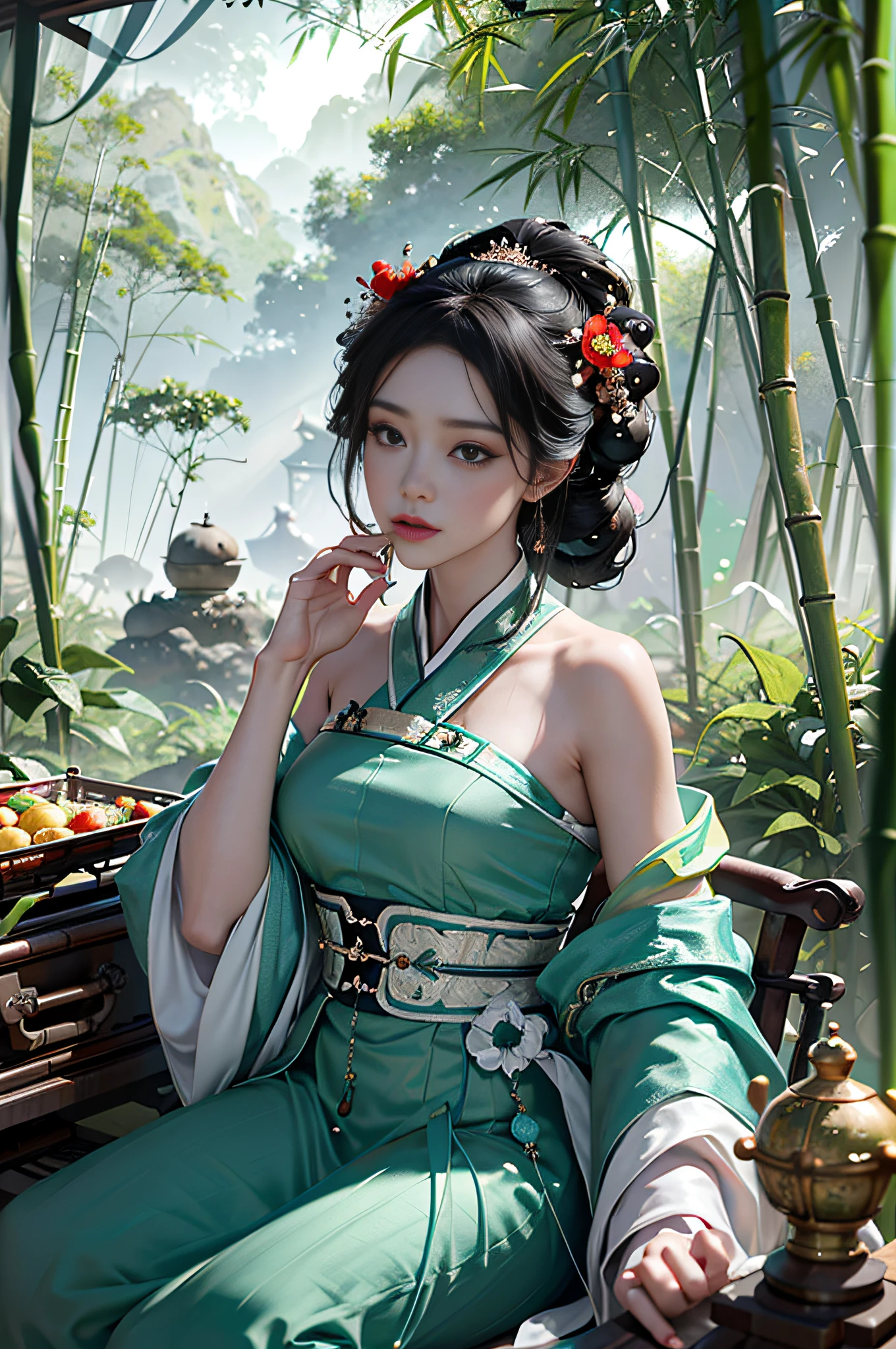 Official Art, Unity 8k Wallpaper, Ultra Detailed, Beautiful, Beautiful, Masterpiece, Best Quality, Mystic, Romanticism, Horror, Literature, Art, Fashion, Tang Dynasty Era, Decoration, Intricate, Embroidery, Contemplation, Cyan Hanfu, Green Tulle, 1 Girl, Black Hair, Melancholy, Hua Dian, High Priest, Solo, Bamboo Flute, Flute, Fateful, Bust Composition, Dramatic Composition, Cinematic Lighting, Dynamic Perspective, Sexy, Full of Seduction, Deep in the Bamboo Forest, In the Bamboo Forest, Big Bamboo, Bamboo Leaves Falling, Little Red Flower, bamboo forest background, clouds and fog,