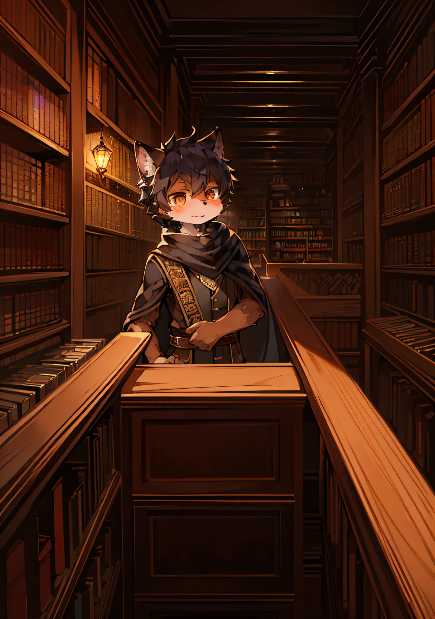 (Dark Environment: 0.8), Masterpiece, High Quality, Abstract Res, Digital Painting\(artwork\), by Dagasi, Yupa, Kiyosan, (Anthro, Fluffy Fur, Character Focus: 1.1), Anthro Male Cat, Short Hair, Portrait , bright eyes, panorama, character focus. (Detailed background: 0.7), Solo, Furry, Furry male, Male focus, Anthr, (Full body fur, Fluffy tail, Brown fur, Brown eyes, Black hair: 1.2), (Long canids, adventurers, cape: 1.2), (Night, Library, : 1.1)
