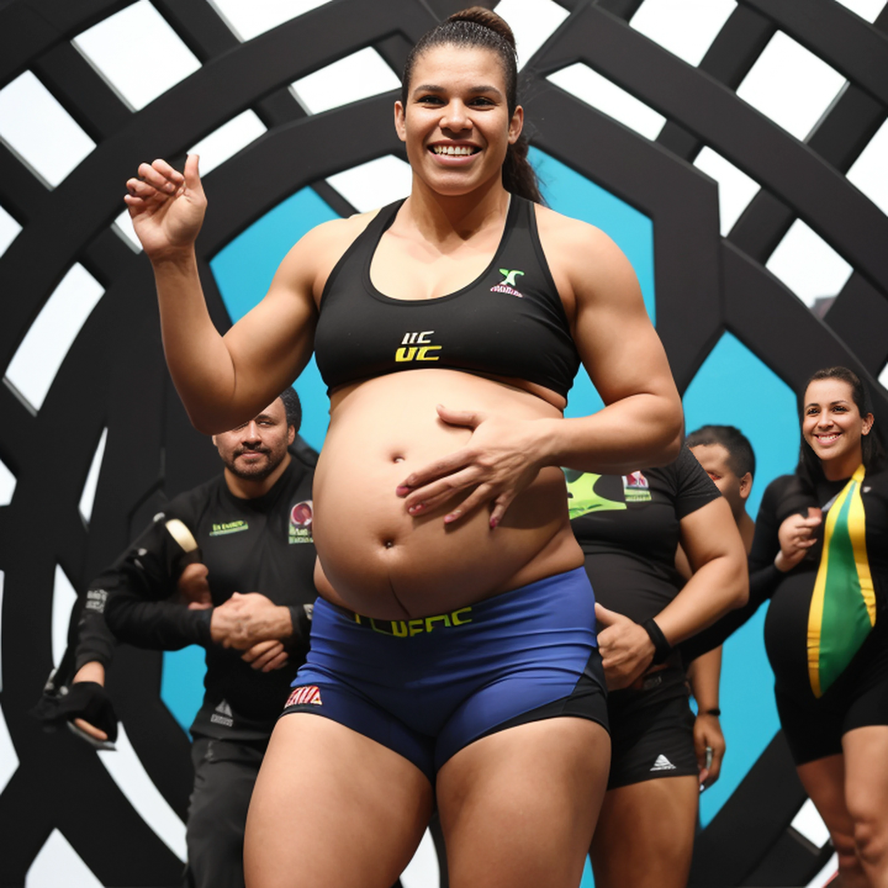 Brazilian pregnant ufc fighter with big belly posing smily in an octagon