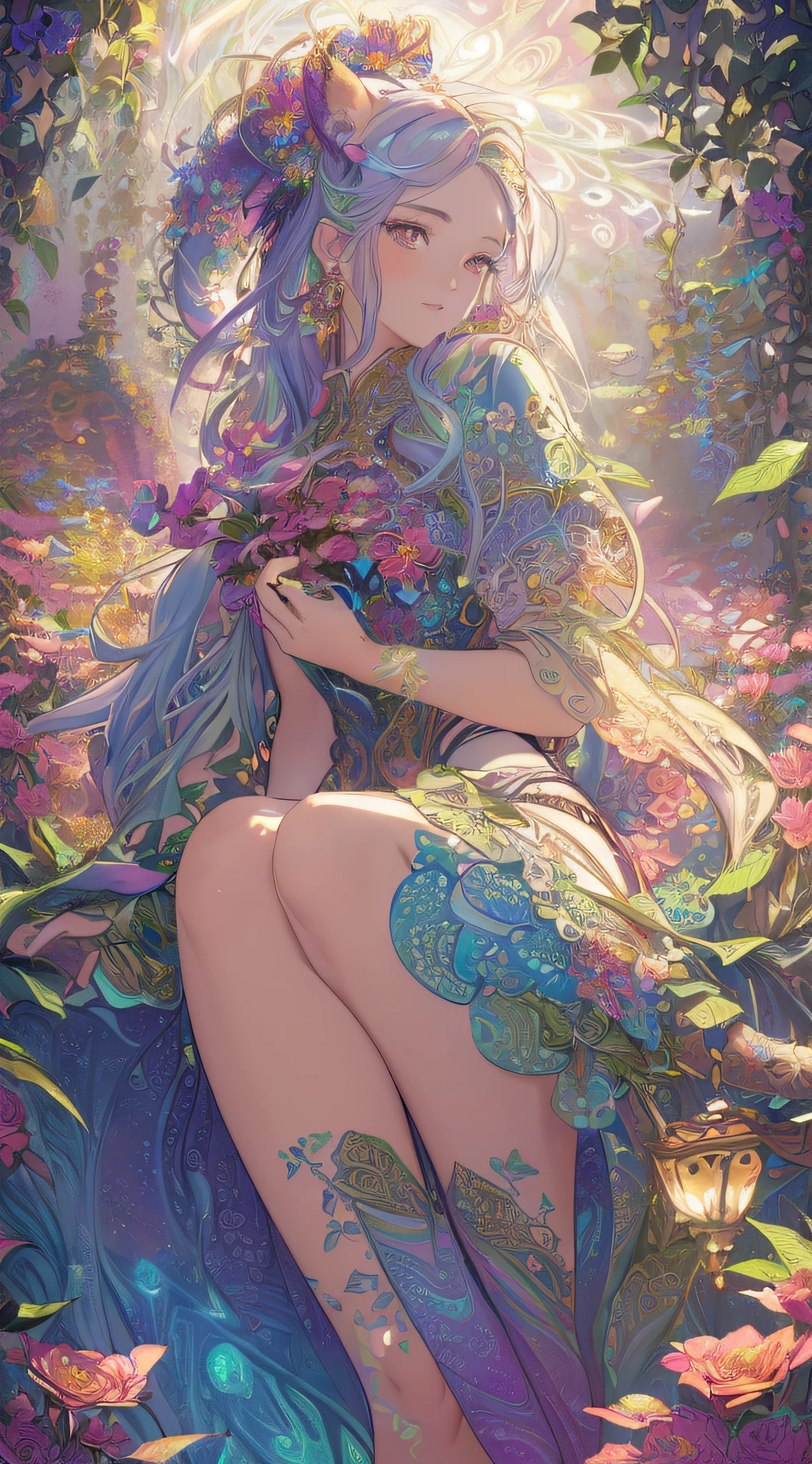 (masterpiece,beautiful and aesthetic:1.2), (1girl:1.3), extremely detailed,(fractal art:1.1),(colorful:1.1)(flowers:1.3),highest detailed,(zentangle:1.2), (dynamic pose), (abstract background:1.3), (shiny skin), (many colors:1.4),(earrings), (tail of light :1.5),ivy frame,