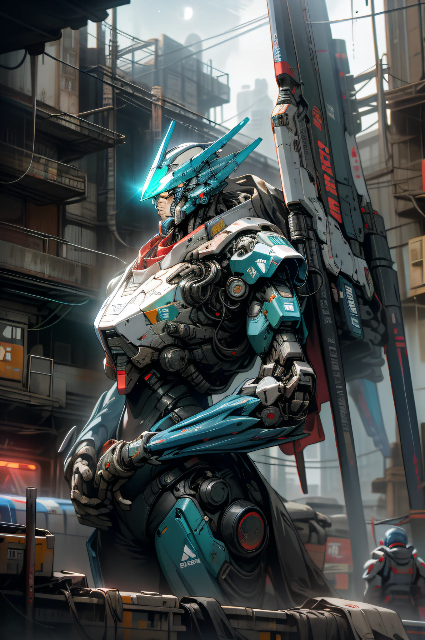 On the moon, sterile planets, ruins, holding_weapon, no_humans, bright, robot, construction, glowing_eyes, red and blue mecha, science fiction, city, realistic, mecha, background of the Milky Way, neon, cyberpunk, macross, robotec, valquire hunt,