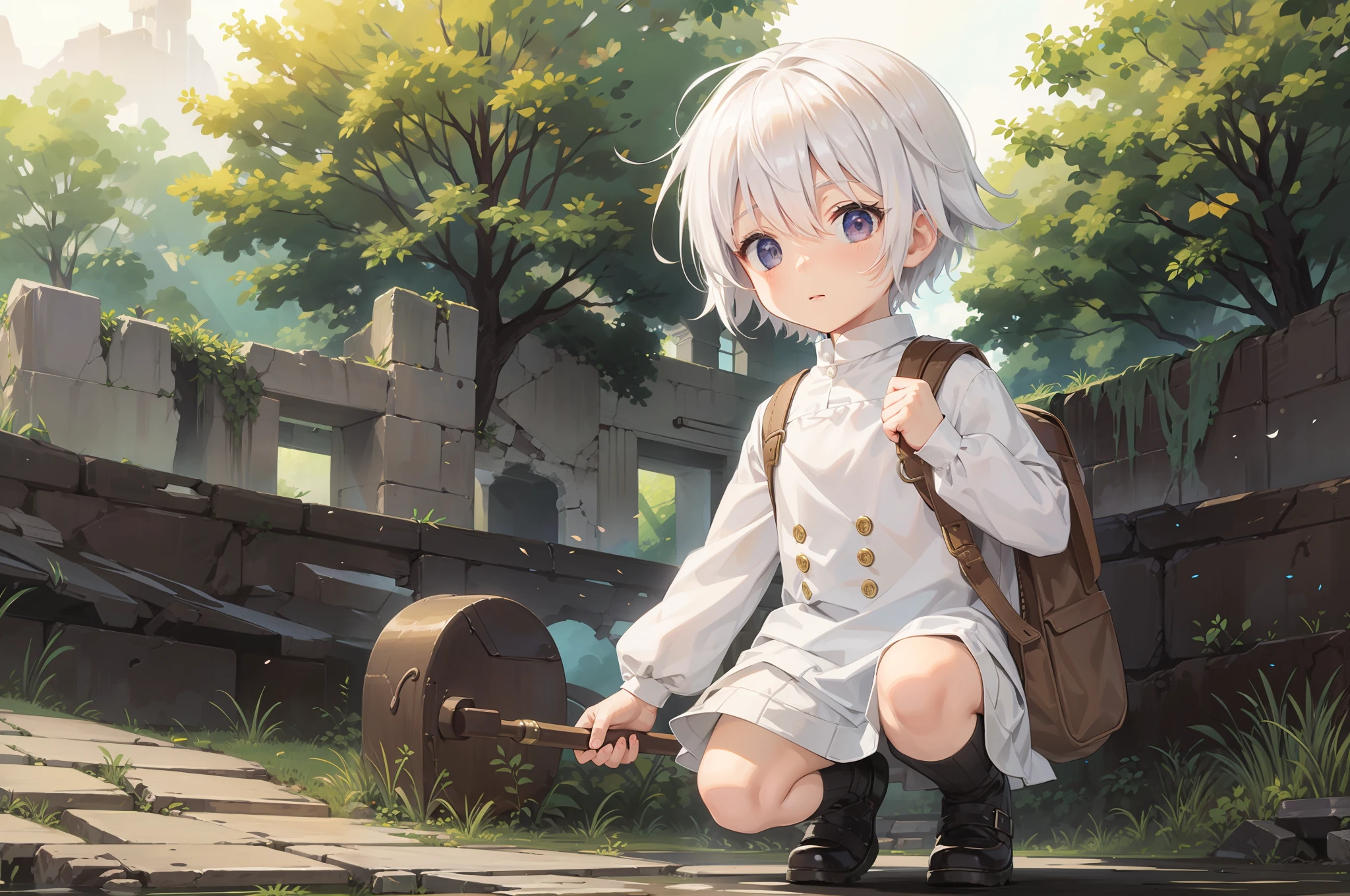 White-haired little Shota walking in the ruins