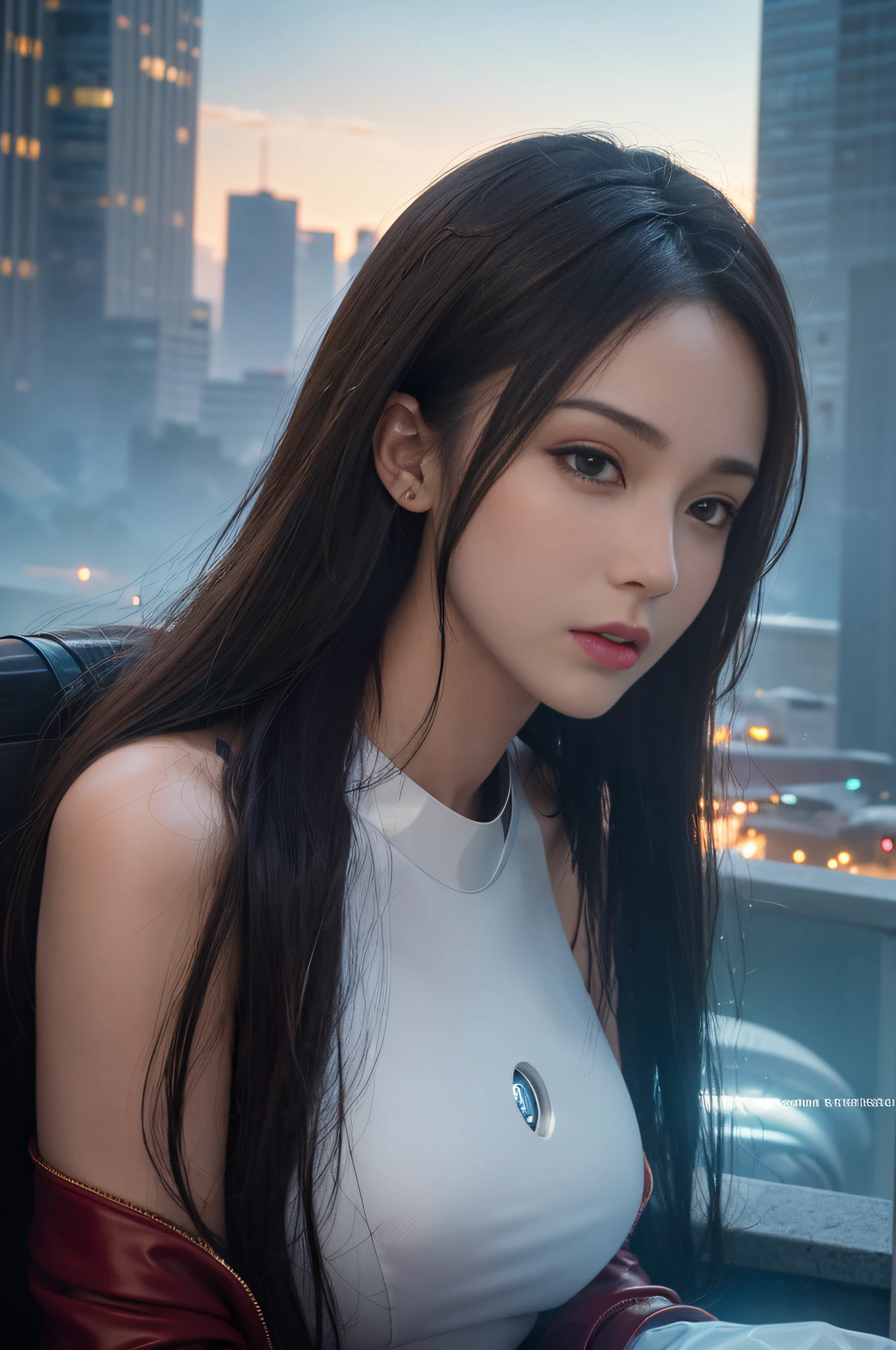 RAW, Masterpiece, Ultra Fine Photo,, Best Quality, Ultra High Resolution, Photorealistic, Sunlight, Full Body Portrait, Stunningly Beautiful,, Dynamic Poses, Delicate Face, Vibrant Eyes, (Side View) , she is wearing a futuristic Iron Man mech, very detailed background, detailed face, detailed busy background, messy, gorgeous, milky, high detailed skin, realistic skin details, visible pores, sharp focus, volume Fog, 8k uhd, dslr, high quality, film grain, fair skin, photorealism, lomography, sprawling metropolis in a futuristic dystopia, view from below, translucent