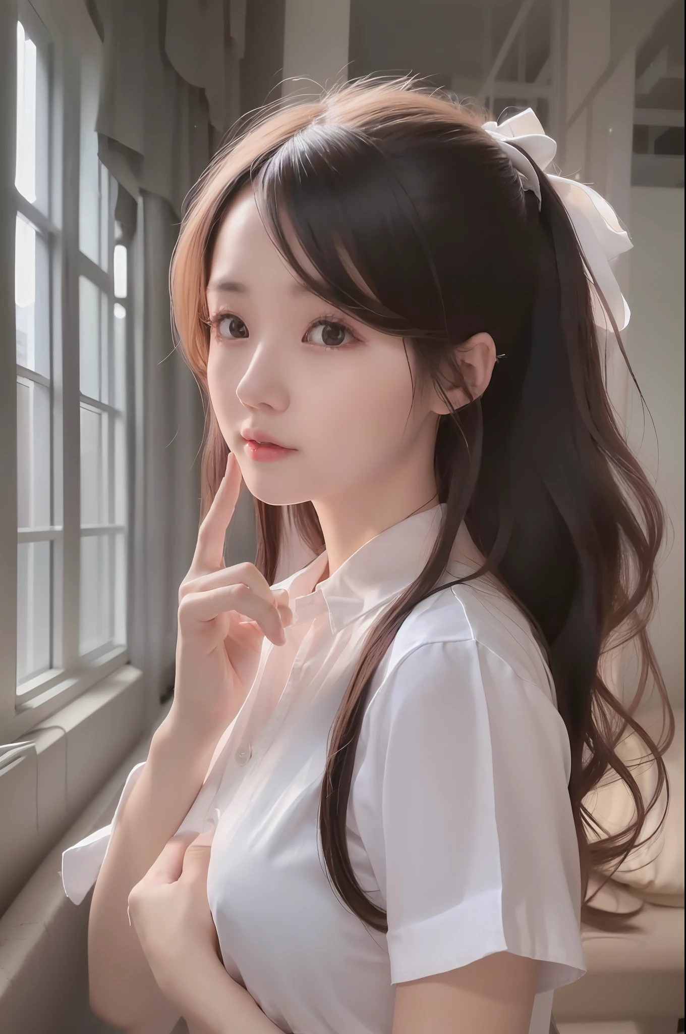 a woman with long hair and a white shirt posing by a window, korean girl, beautiful south korean woman, gorgeous young korean woman, beautiful young korean woman, ulzzang, white hime cut hairstyle, young adorable korean face, asian girl with long hair, anime girl in real life, anime girl with long hair, profile of anime girl, korean woman