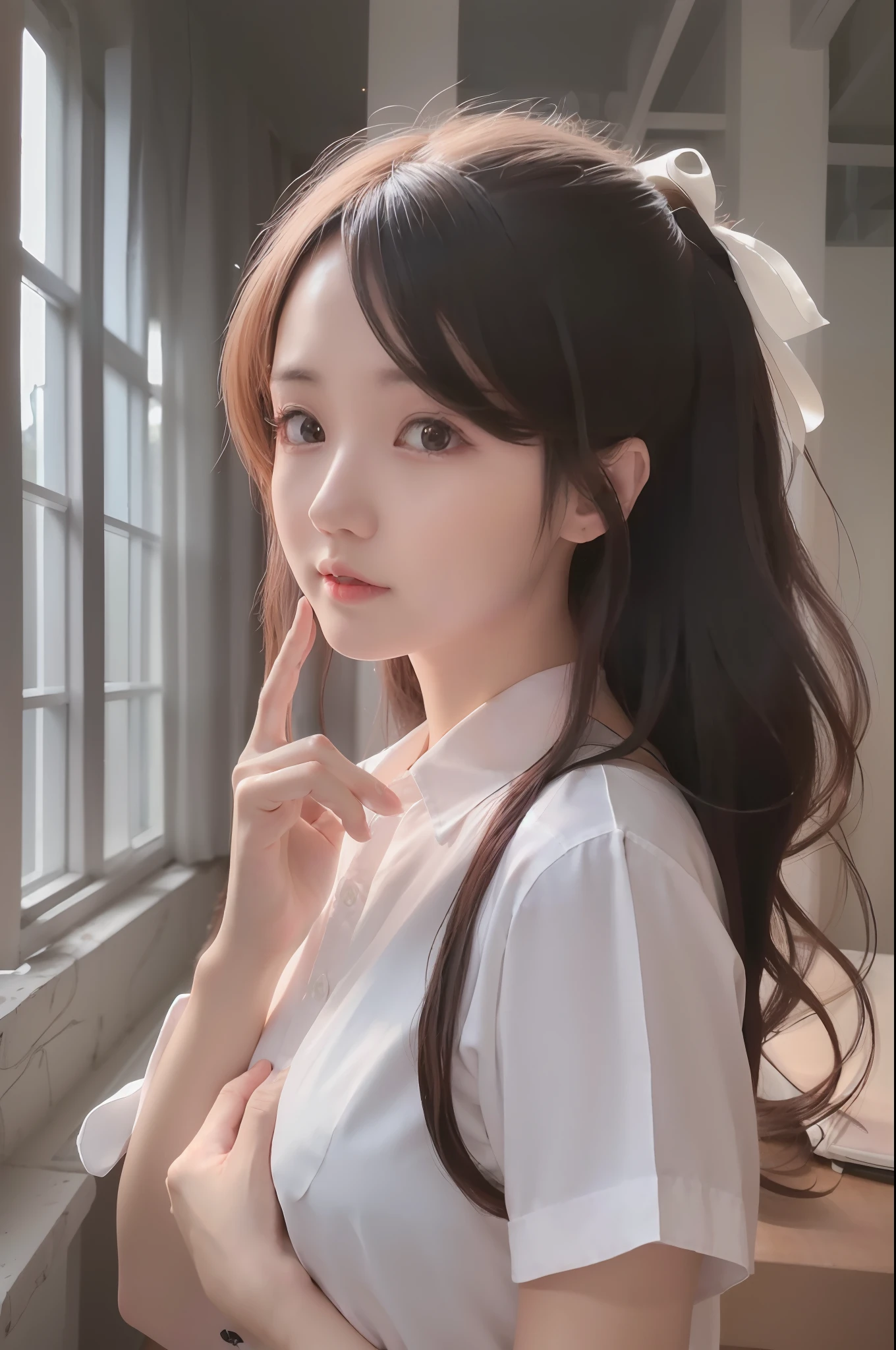 a woman with long hair and a white shirt posing by a window, korean girl, beautiful south korean woman, gorgeous young korean woman, beautiful young korean woman, ulzzang, white hime cut hairstyle, young adorable korean face, asian girl with long hair, anime girl in real life, anime girl with long hair, profile of anime girl, korean woman