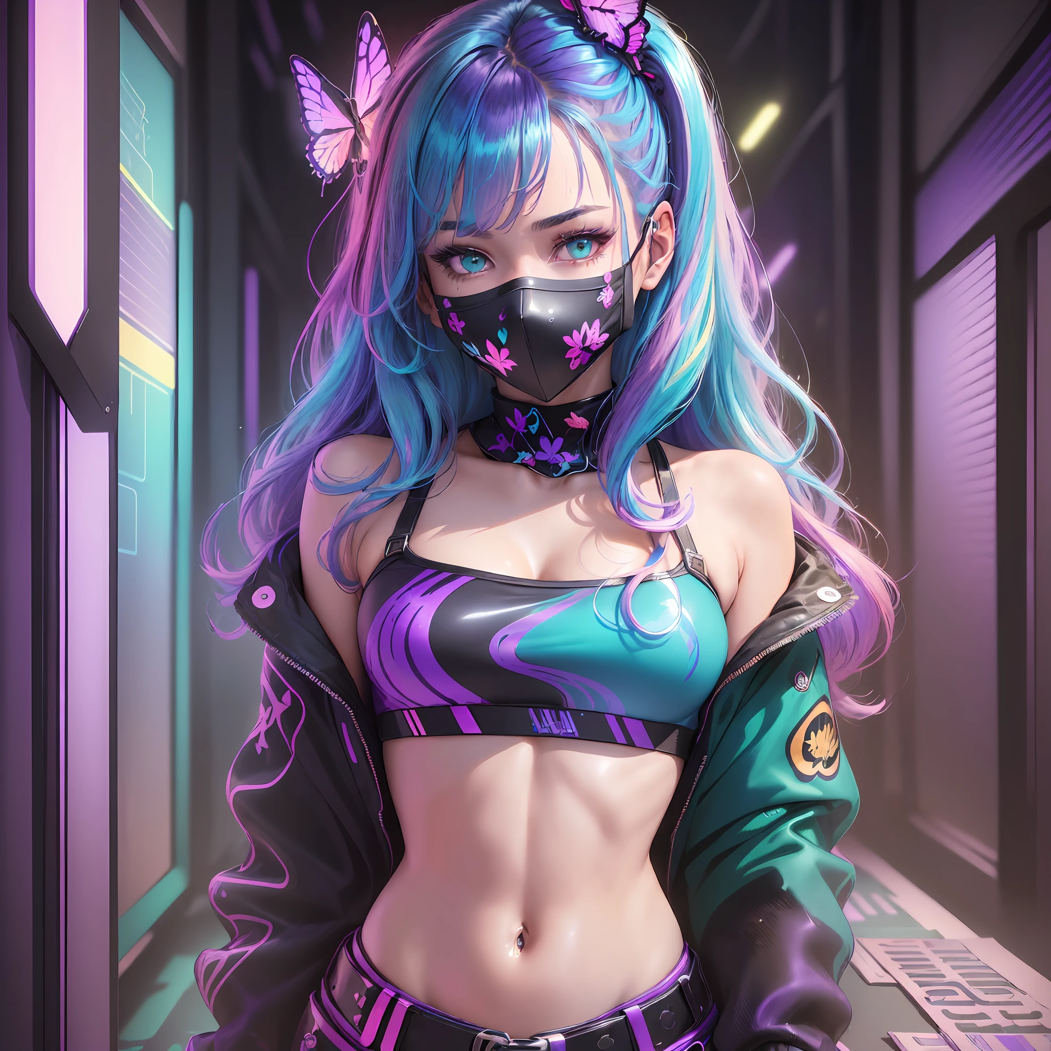 (((masterpiece, best quality, illustration, extremely detailed, 8k, 4k, 2k))), (1girl), ((shiny hair, multicolored hair)), ((iridescent hair)), ((face mask) ), ((teal neon light)), ((hands behind back)), (black jacket), (((purple retro background))), (looking at viewer), (black pants), ((butterflies )), (looking at viewer), (upper body)