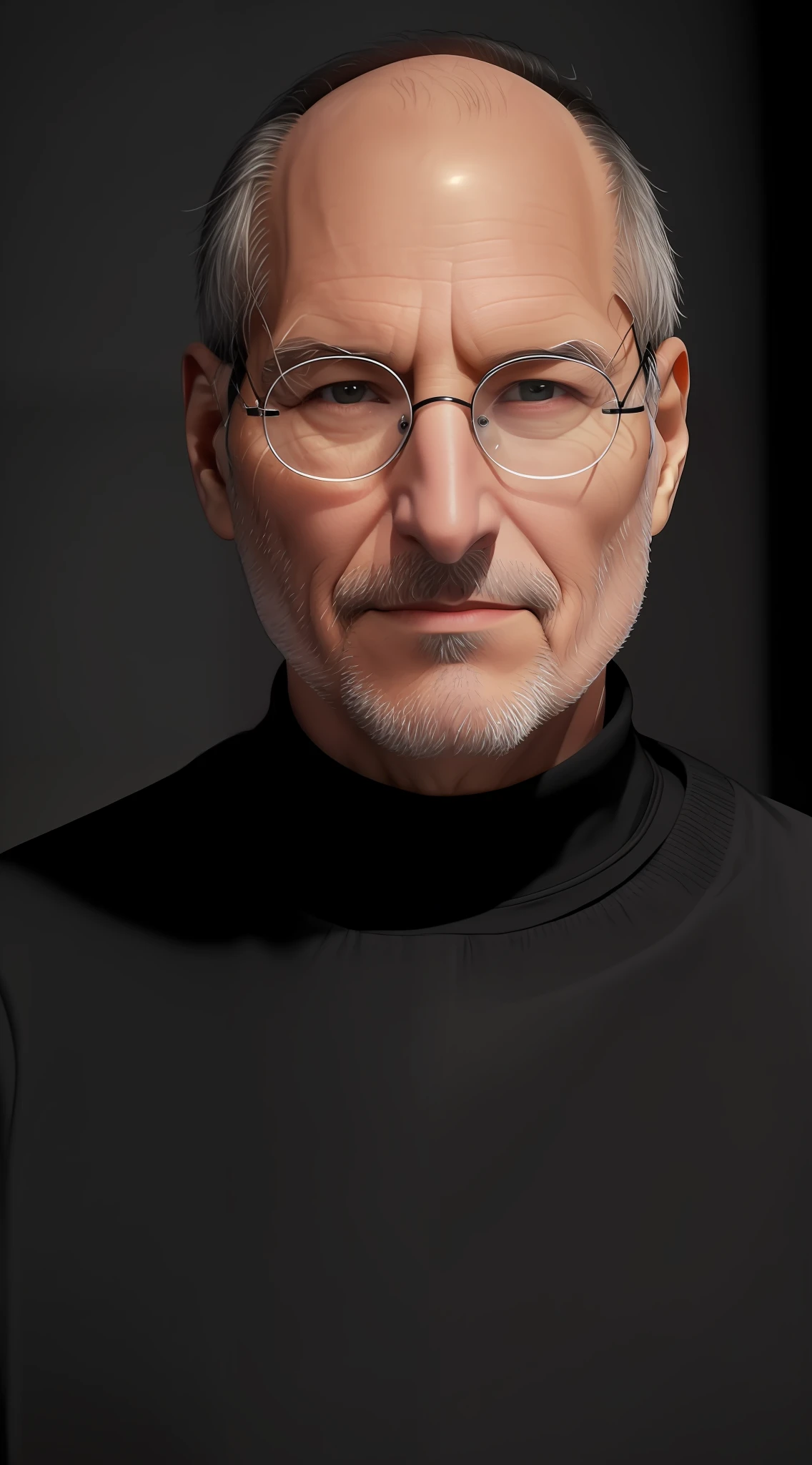 Old male, 1man, very Steve Jobs, very confident, generous, frowning, no hair, black turtleneck shirt, black shirt, simple shirt, black outfit, simple framed glasses, facing front, portrait, 4k, high-res, masterpiece, best quality, sharp focus (cinematic lighting) --auto --s2