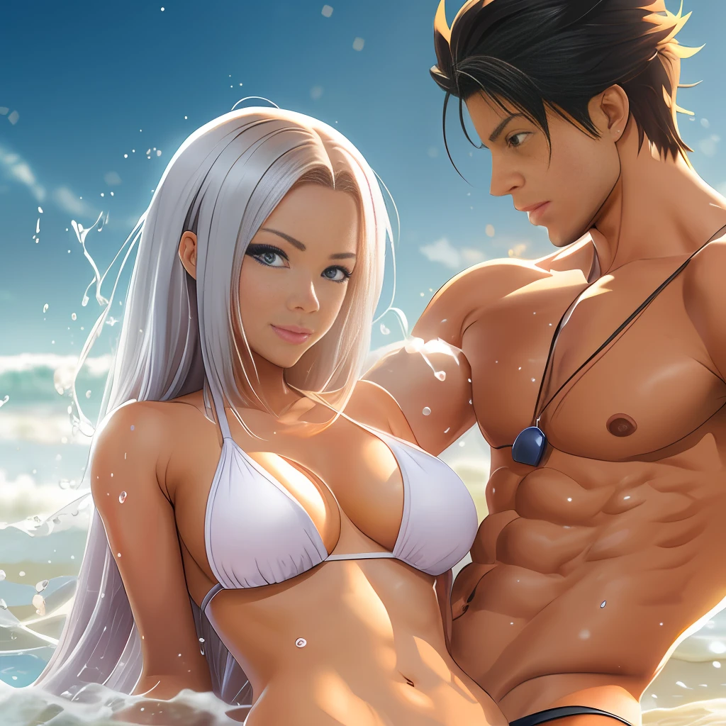 (big closed tongue sticking out) Tanned perfect, [lying down, kneeling], 1 lovely lady breastfeed his gentlemen rubs each other, (uncensored) buff contemporary shonen anime style. Masterpiece, realistic, extremely detailed, 8k wallpaper, long exposure. Shallow path stage. Stunning, (grab from behind all), milky skin, splashing. (Small tiny tight) transparency, (no thong) (no loincloth). --auto --s2