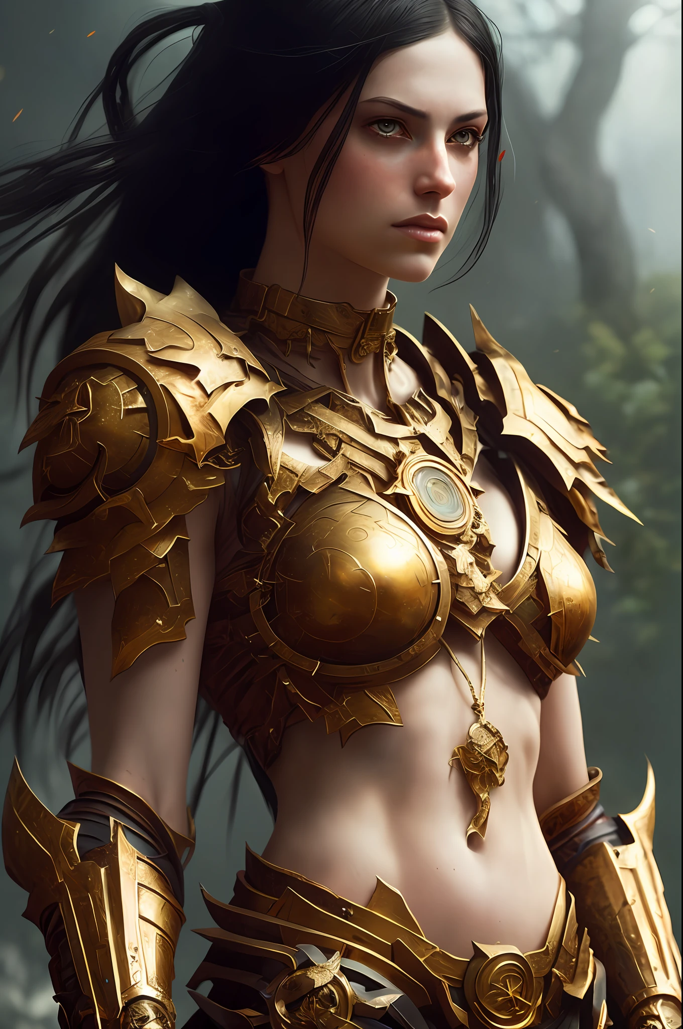 One (full body: 1.3) shot with 8k resolution, splash art, fantastic comic book style, photorealistic, intense visual, anatomical portrait of photorealistic digital painting of a (beautiful young woman and perfect anatomy: 1.3) human (warrior: 1.3) in intricate black and gold (heavy armor: 1.3) in one (dark and temperamental universe: 1.3), particle of light, very detailed skin, Samurai, very detailed eyes, (Elden Ring style: 1.3), (Warhammer style: 1.1), conceptual artist, global lighting, depth of field, splash art, art by Artgerm and Greg Rutkowski and Viktoria Gavrilenko